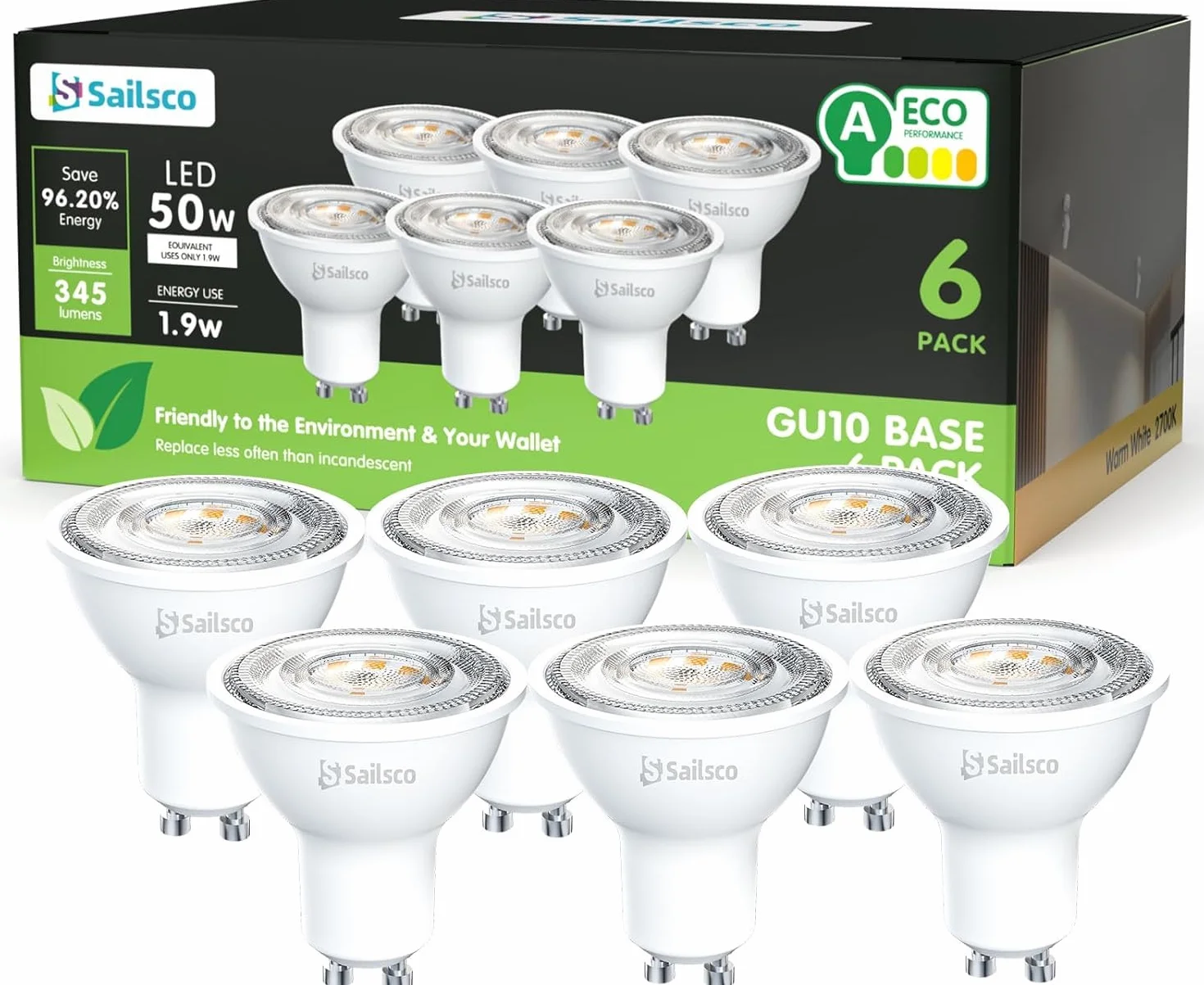 Ampoule LED GU10 Blanc Chaud 1.9W 345LM 2700K 36° Lot de 6