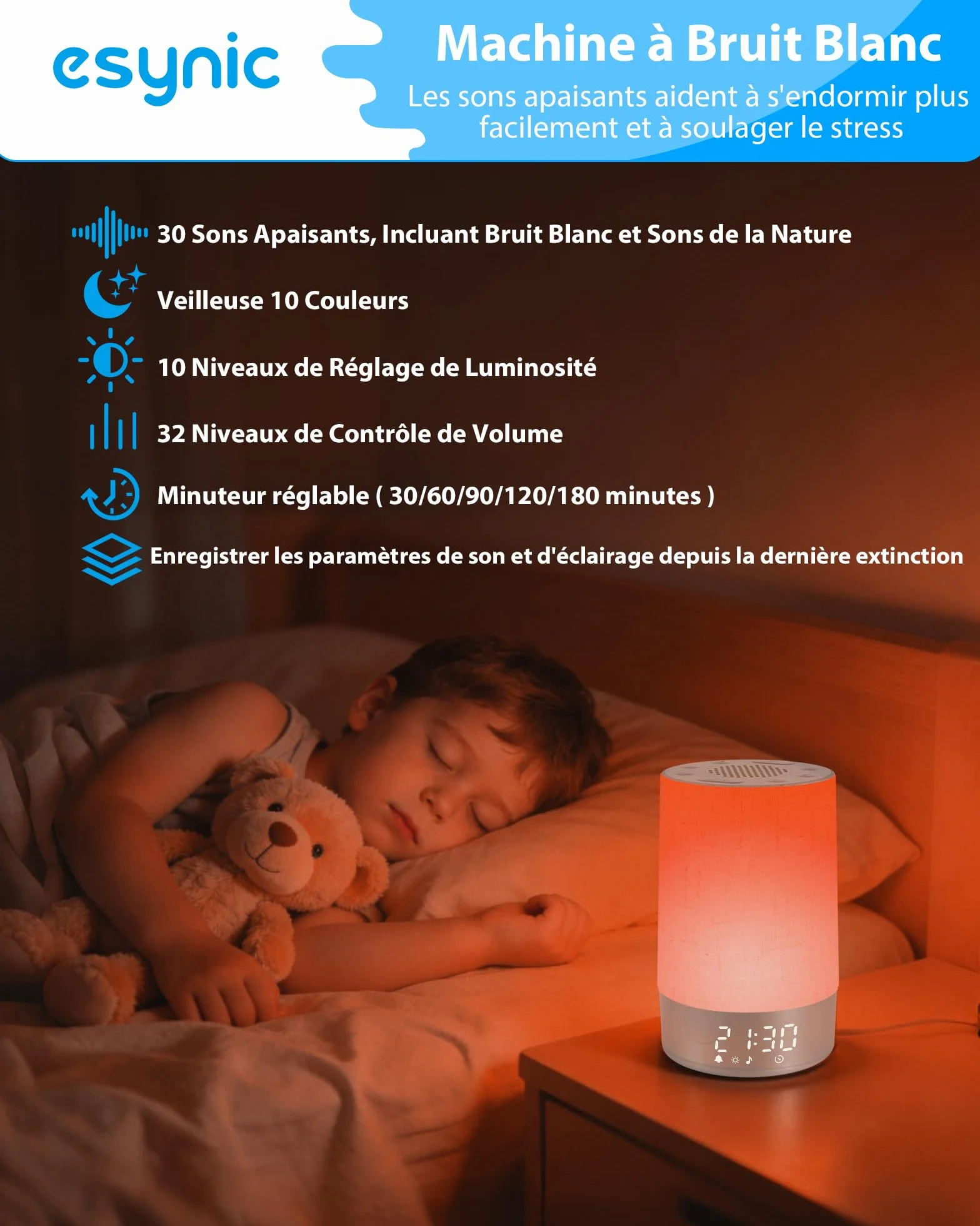 eSynic Réveil Lumineux Simulateur d'Aube 30 Sons Blanc Bruit 10 Couleurs Luminosité Volume Réglable Snooze Minuteur