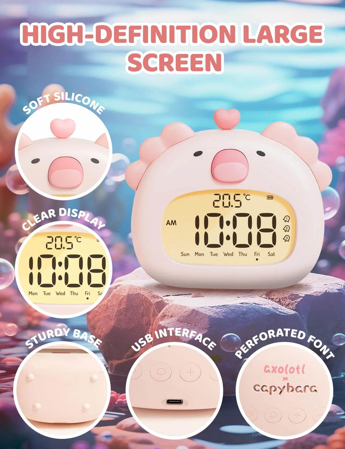 IHALO Cute Axolotl Réveil Enfant avec Veilleuse Écran LED 3,15 Pouces Rechargeable