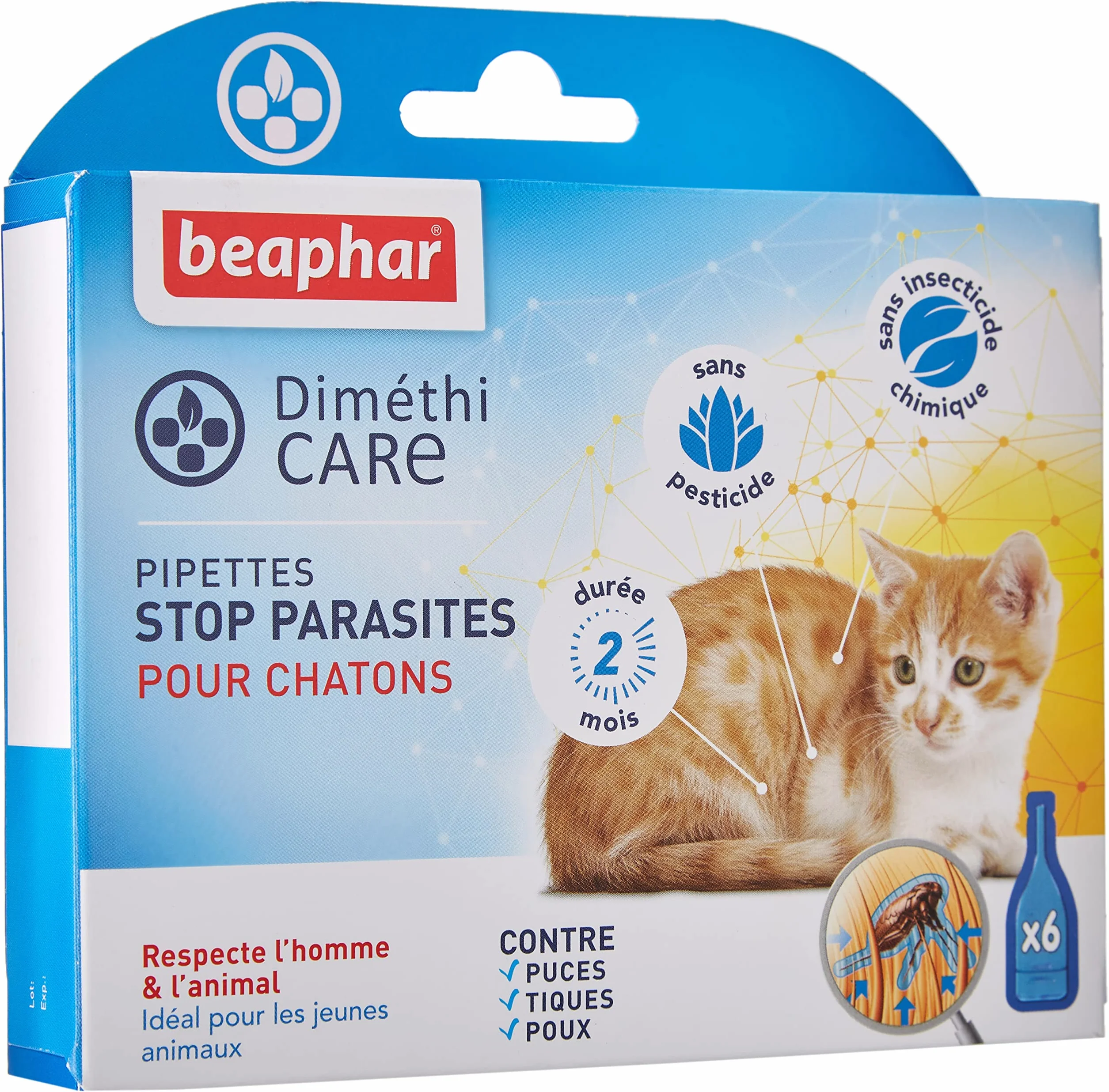 Beaphar DIMÉTHICARE Pipettes Stop parasites Chaton 6 pipettes Contre puces tiques poux sans Pesticide Insecticide Chimique Durée 2 Mois
