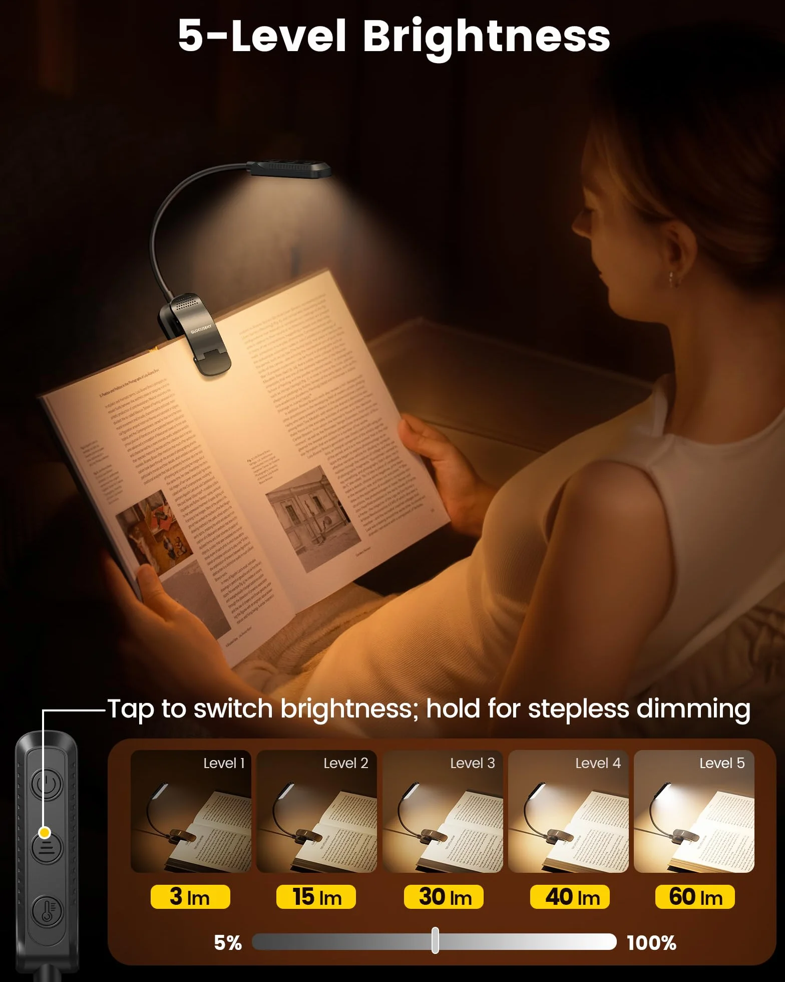 Glocusent Lampe de Lecture Rechargeable 120h Autonomie 3 Modes Couleur Gradation 3–60LM 360° Flexible Indicateur de Batterie