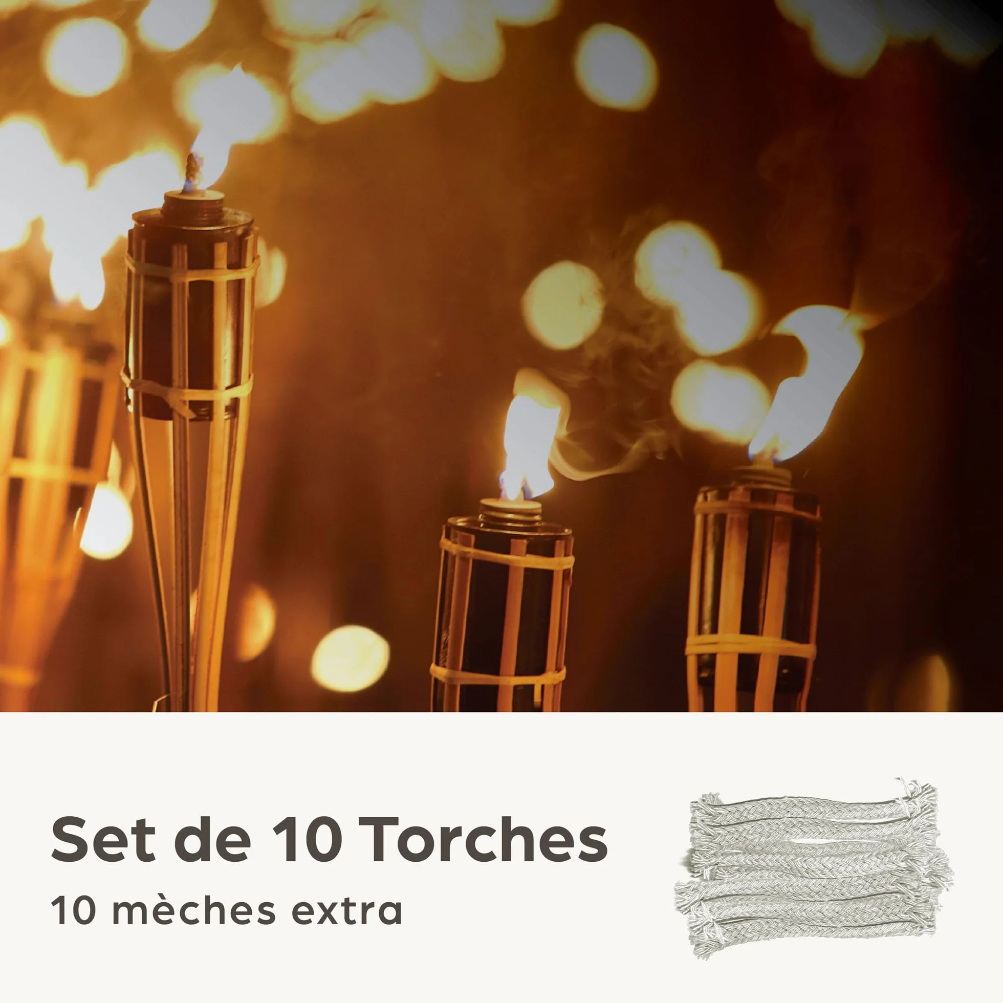 Torches de Jardin en Bambou avec 10 Mèche - Longue Durée de Combustion - Torches à Huile pour l’extérieur