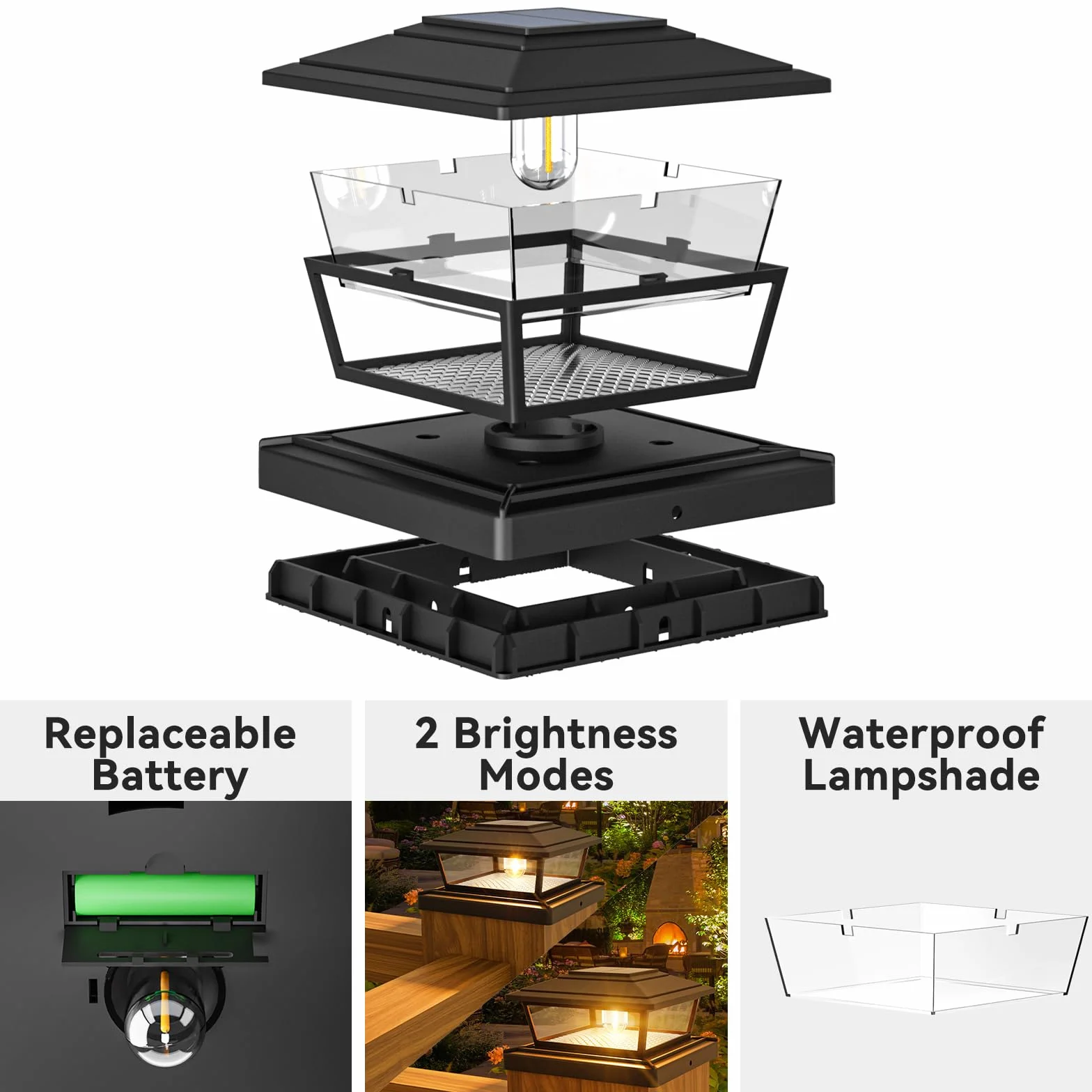 Lot de 2 Lampe Poteau Solaire IP65 LED, Capuchon Poteau Solaire Extérieur Étanche pour Jardin