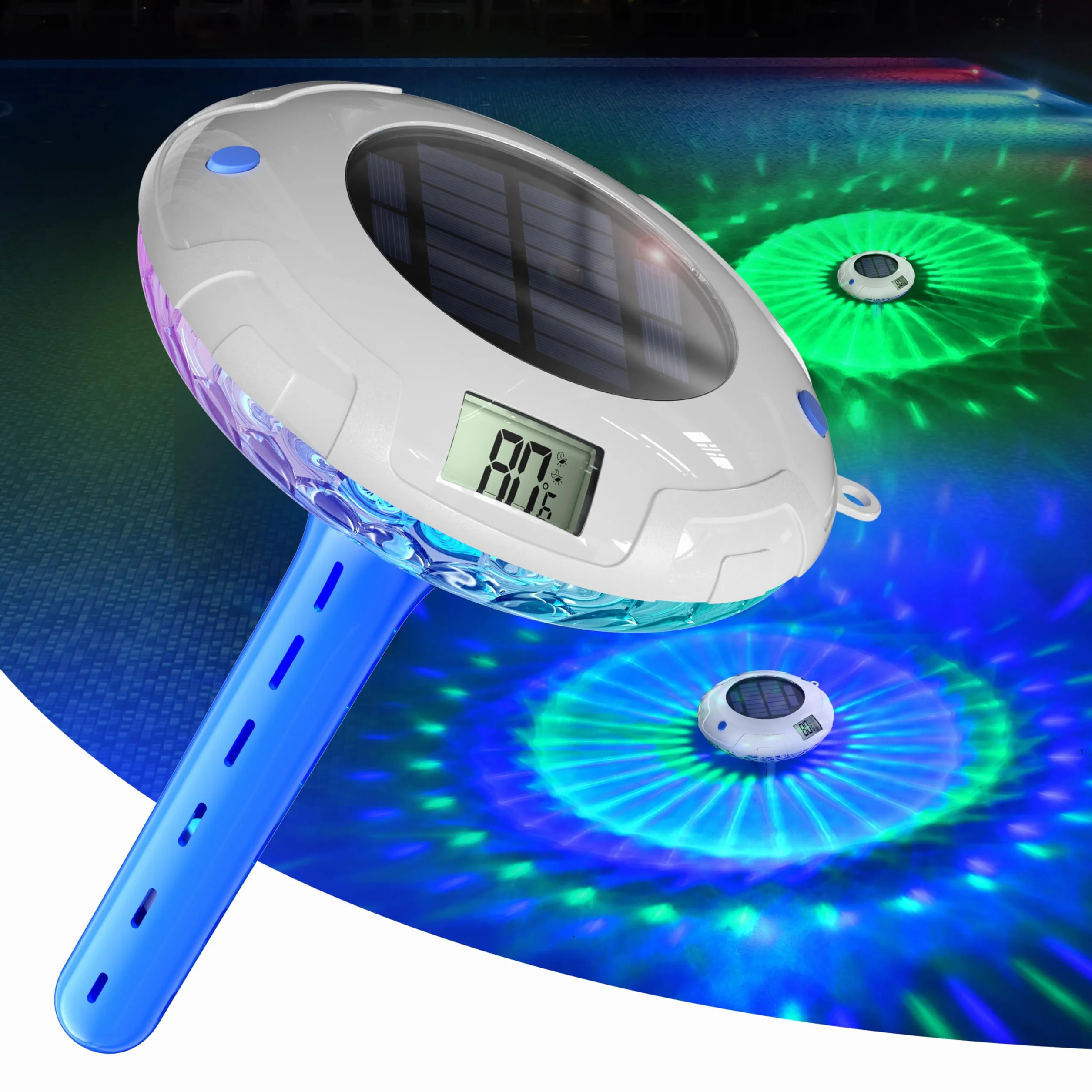 Lampe de piscine solaire avec thermomètre LCD, 8 effets lumineux, étanche IPX7