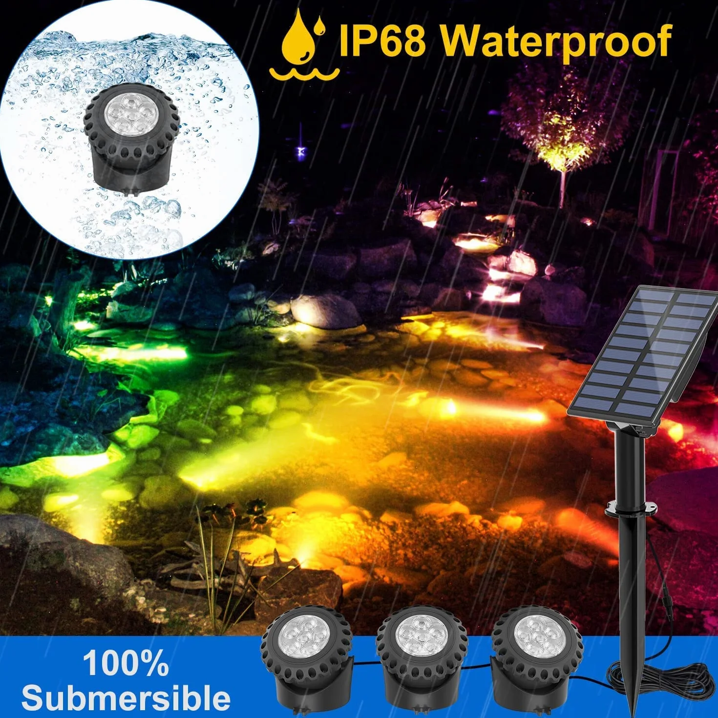 NATPOW Lampe Solaire LED Submersible IP68, 2 Modes RGB 5.5V Éclairage Piscine, 3 en 1