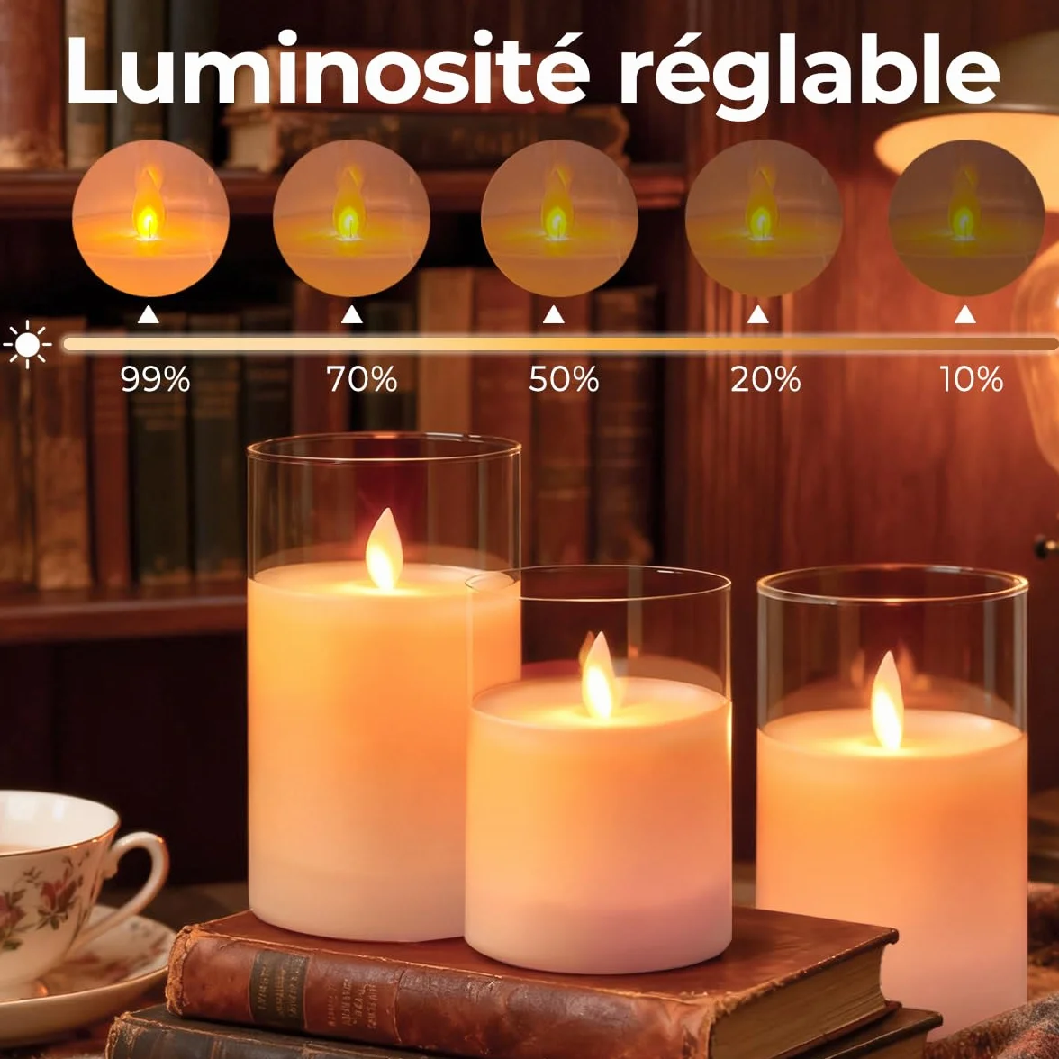 Bougies LED Rechargeables Flamme Vacillante Sans Fil, Télécommande Minuterie 2/4/6/8h, Lot de 3 Verre Transparent Blanc
