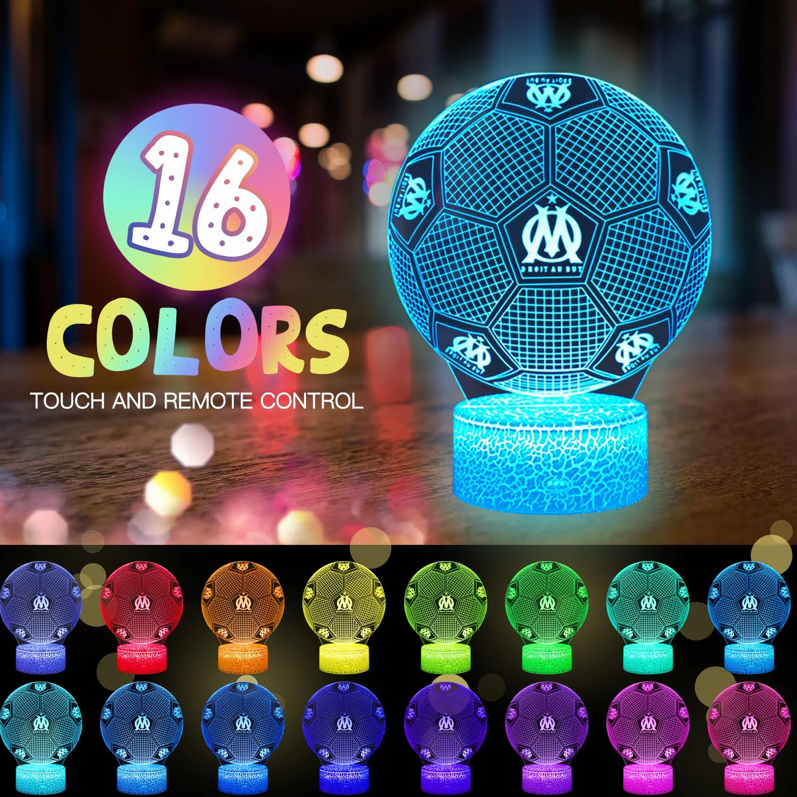 Marseille Football Veilleuse 3D LED Enfants 16 Couleurs USB Smart Remote Control Lampe Décoration Chambre Cadeau Fans