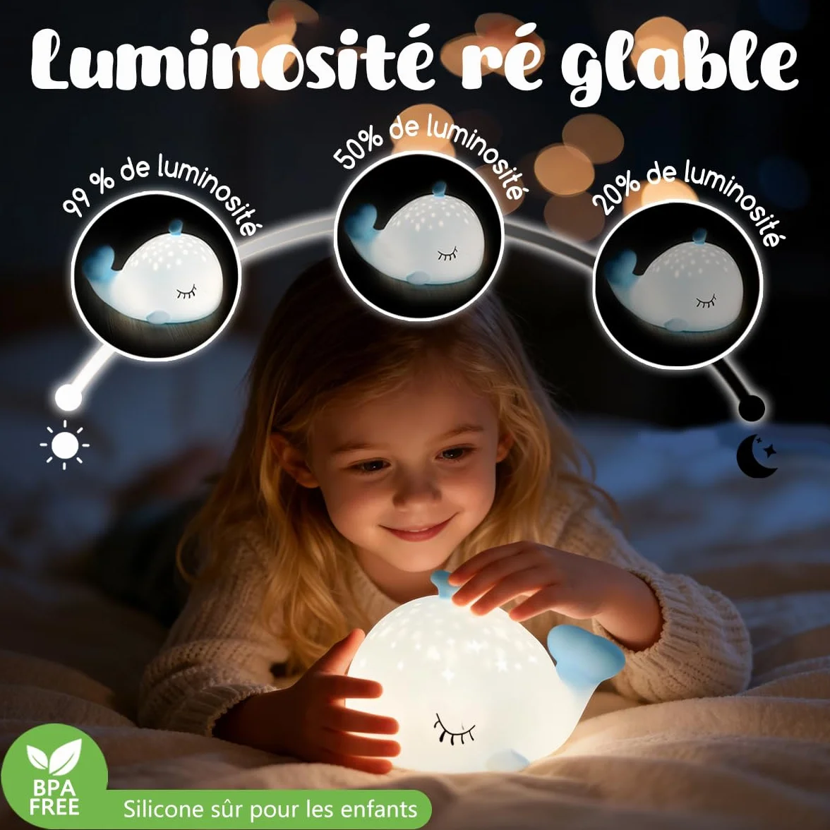 Veilleuse Bébé Bruit Blanc Rechargeable Silicone Baleine Lampe Chevet RGB 6 Couleurs 5 Sons Naturels