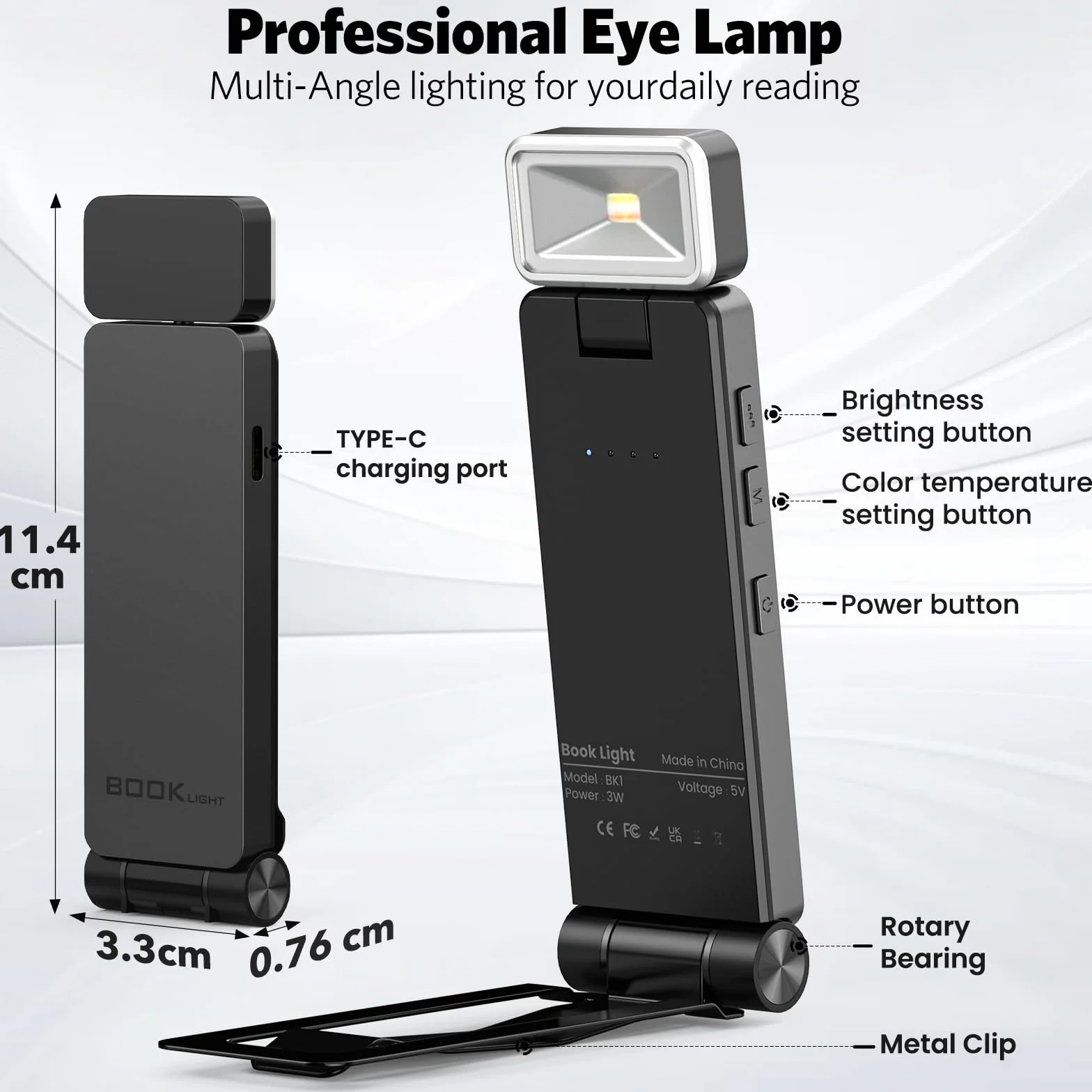 Lampe de Lecture USB Rechargeable, 3 Couleurs et 3 Luminosités Réglables, Lampe Livre pour Lecteurs