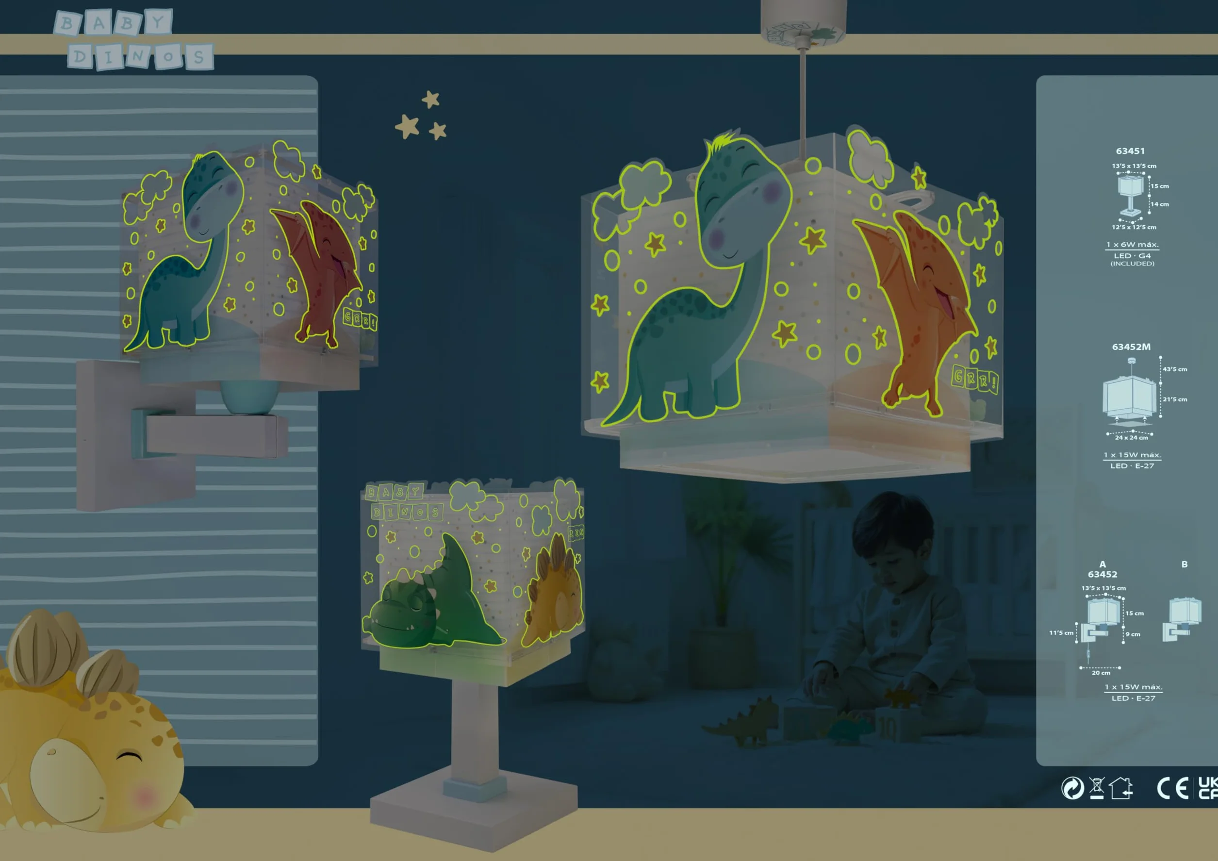 Dalber Applique Murale Enfant Baby Dinos Dinosaures E27