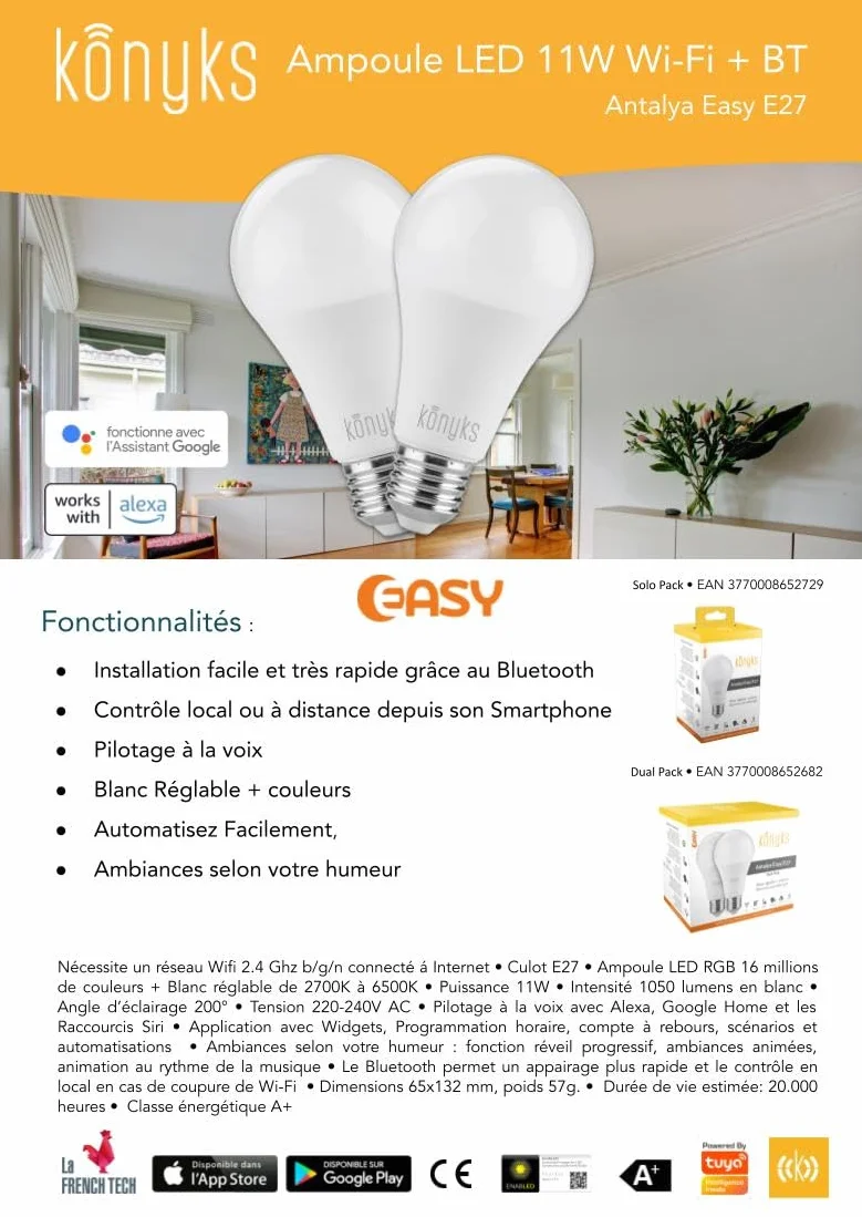 Ampoules connectées Konyks Antalya Easy E27 LED Wi-Fi + BT, 1050 Lumens, Couleurs + Blanc réglable, Compatible Alexa Google Home