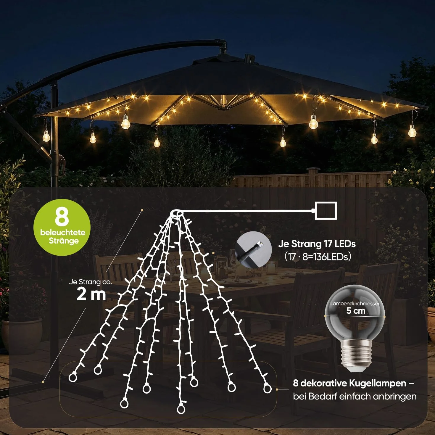 Sekey Lampe Parasol LED Solaire 136 LEDs 8 Ampoules Guirlande Lumineuse 8 Modes Télécommande