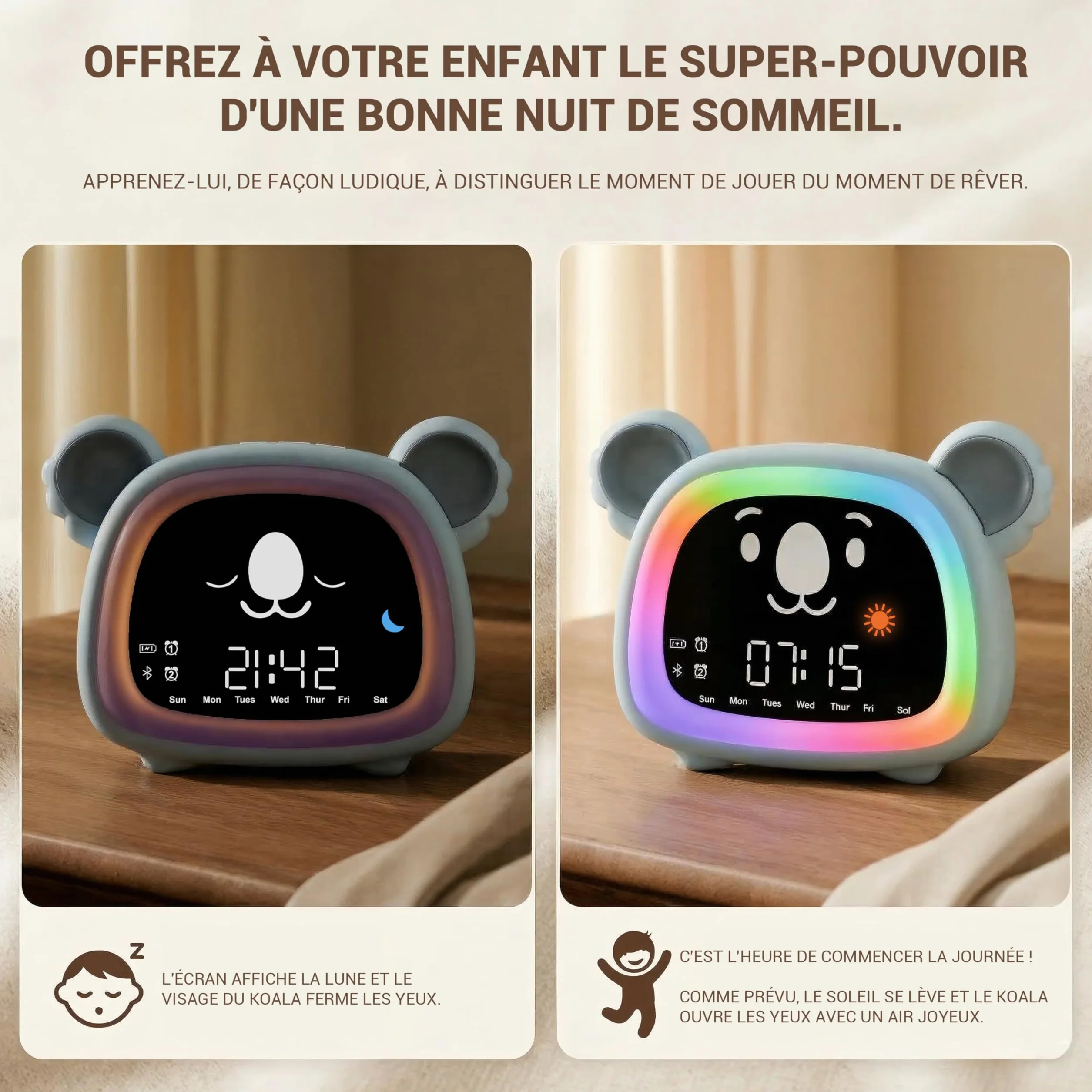 OCTAV Réveil Enfant Éducatif Bluetooth Musical Son Naturel Veilleuse LED Rechargeable Apprentissage Sommeil Soleil Lune