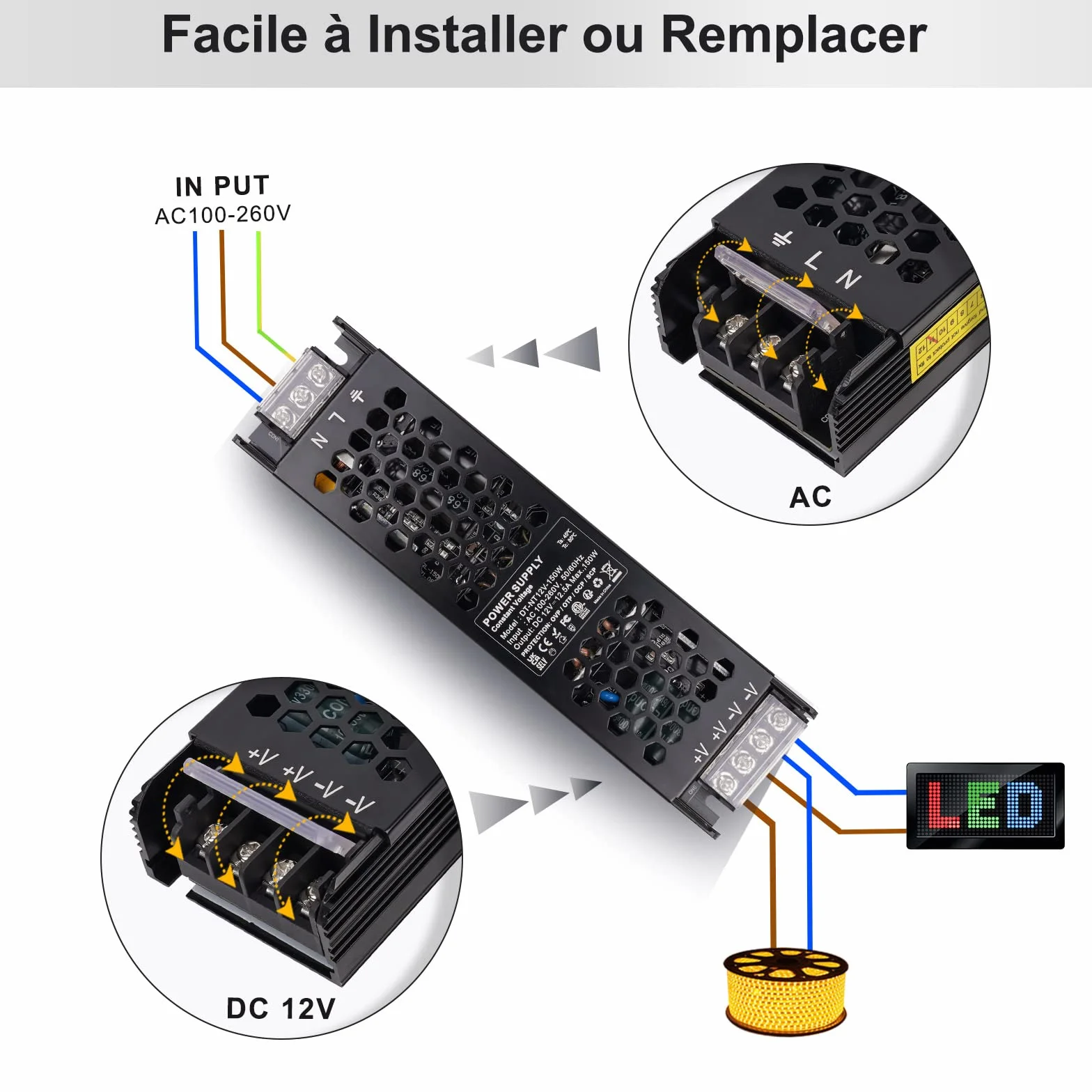 REYLAX Transformateur LED 150W 12V 12.5A Adaptateur Alimentation Basse Tension