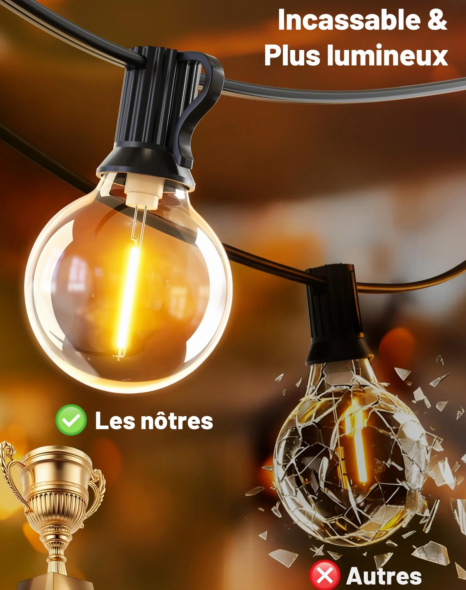 Guirlande Lumineuse Extérieure LED G40 9M Incassable Étanche Connectable Blanc Chaud