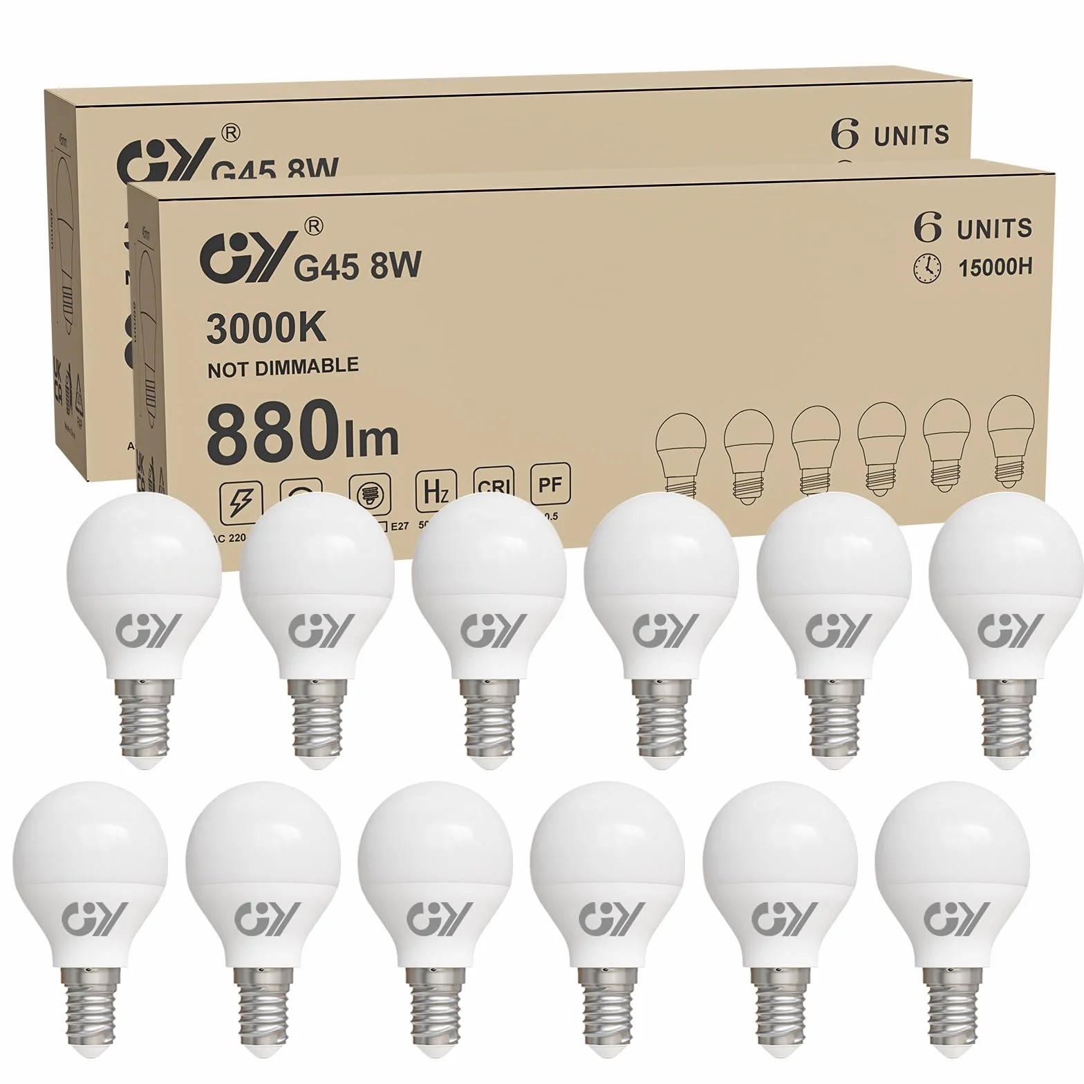 GY Ampoule LED E14 8W 880 lumens 3000K Blanc Chaud G45 Lot de 12