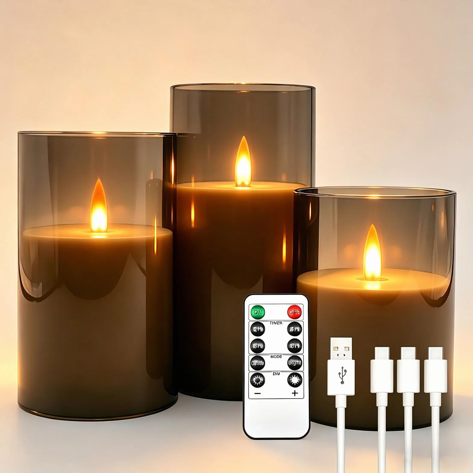 Bougies LED Rechargeables 1800mAh, Bougies à Scintillement Sans Flamme avec Télécommande, Coque Transparente Gris Foncé
