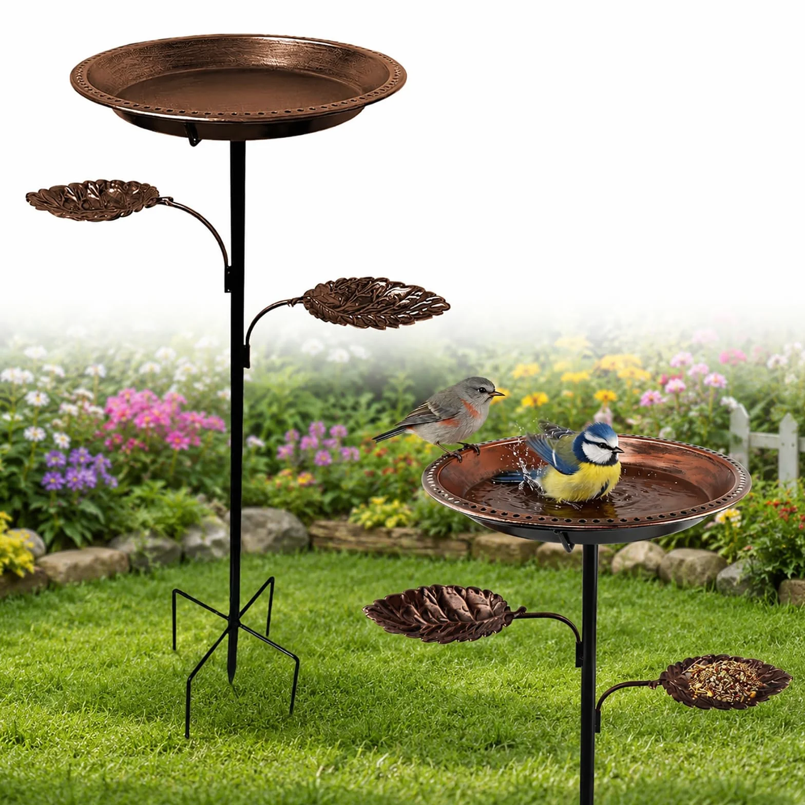Bain d’Oiseaux en Métal sur Pied Vintage 2 en 1 Mangeoire Abreuvoir pour Jardin Extérieur Cuivre