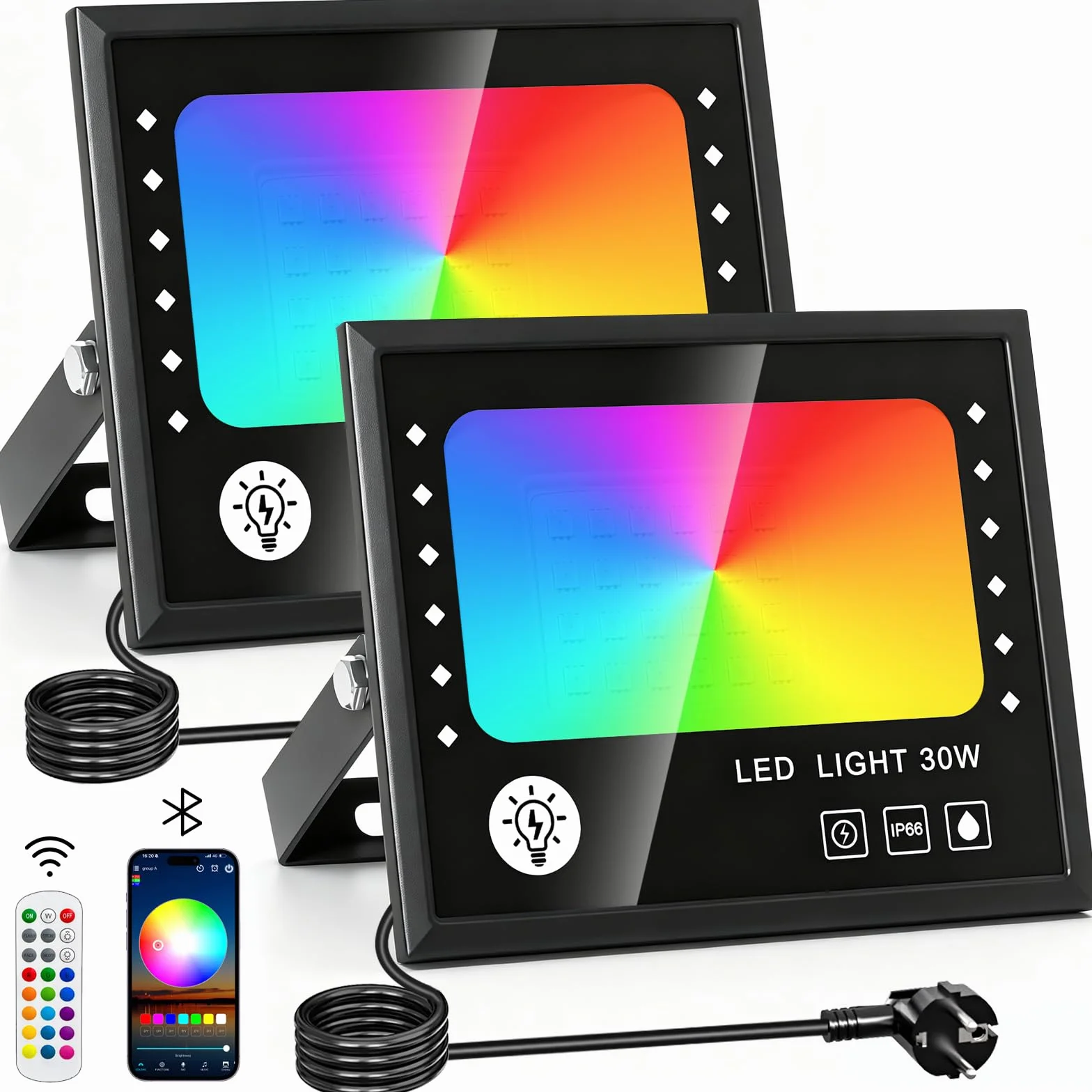 CREATESTAR 30W Projecteur LED RGB Exterieur 2pcs, 16 Millions Couleurs, IP66 Etanche avec APP Bluetooth et Telecommande