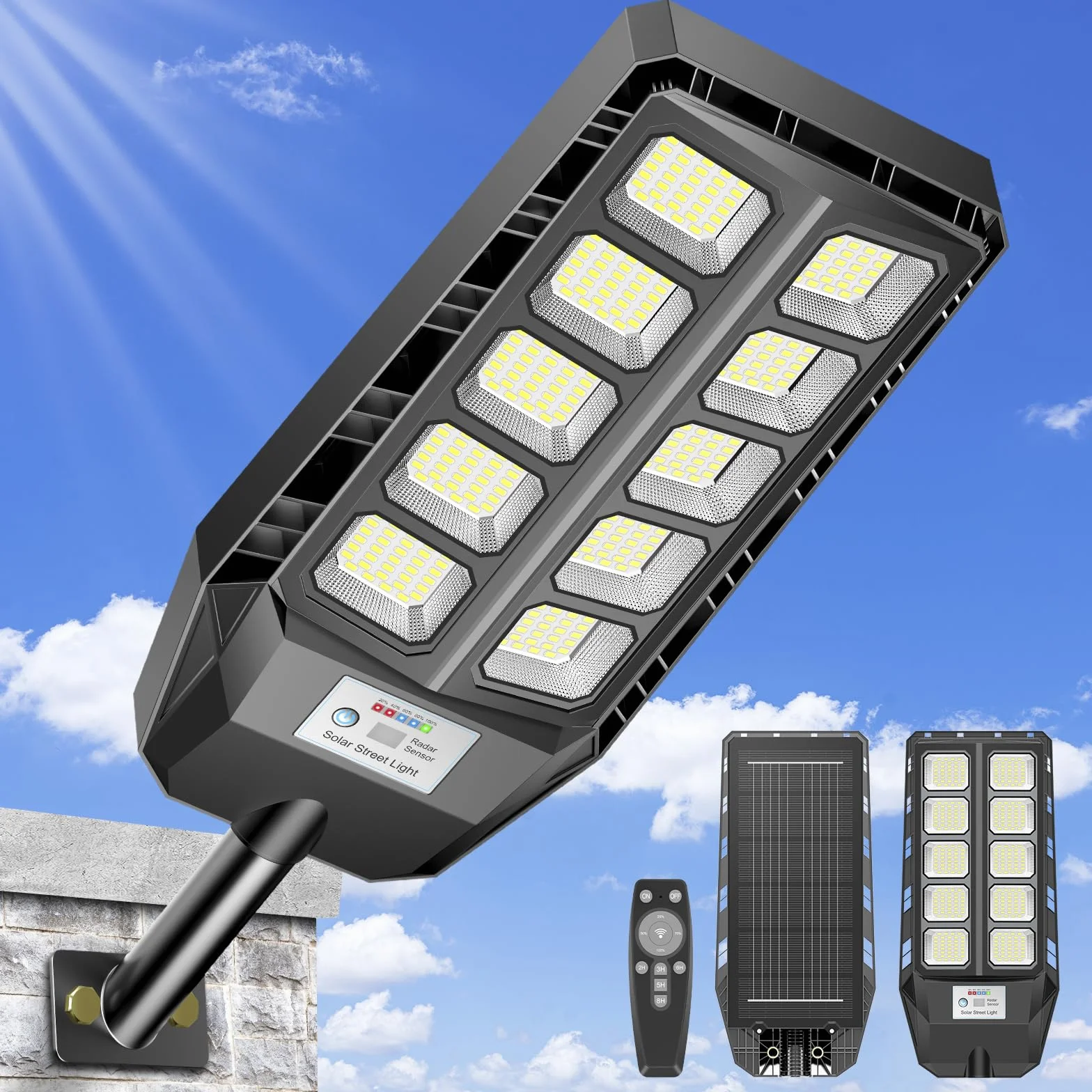 Lampadaire solaire d'extérieur IP66 avec télécommande et détecteur de mouvement