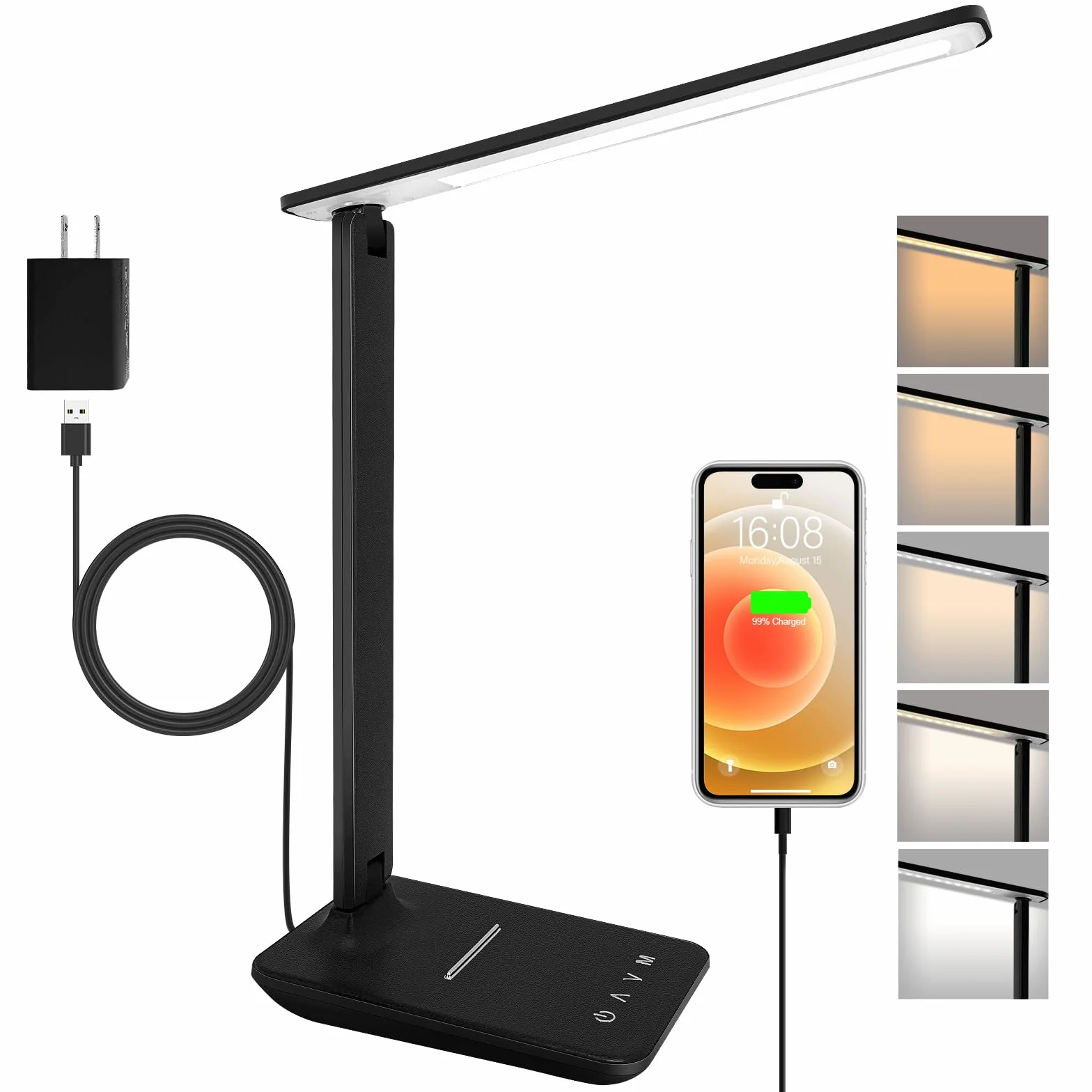 Lampe de Bureau LED Pliable Dimmable 5 Modes de Couleur 5 Niveaux de Luminosité avec Port USB Noir