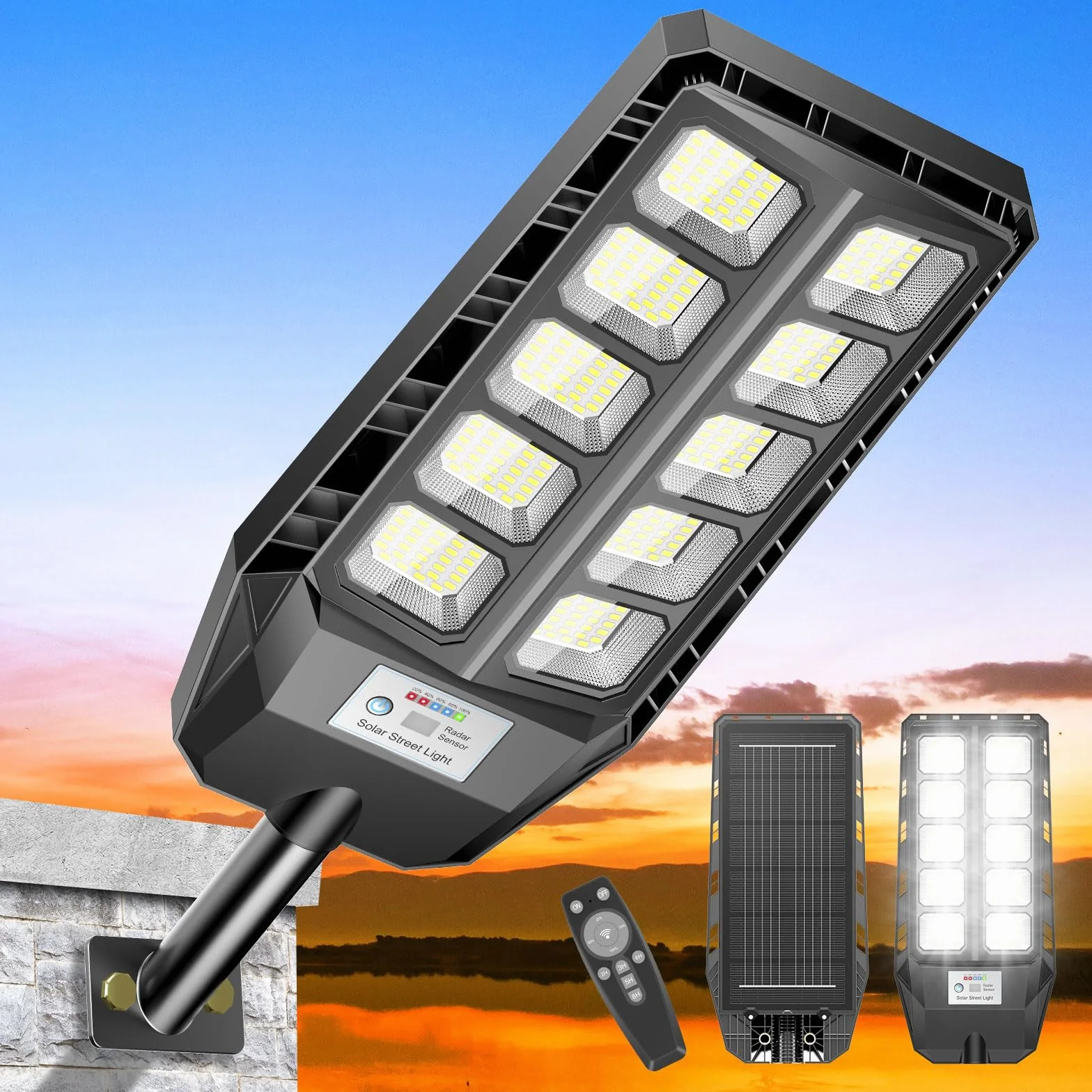 Adewalk Lampadaire solaire LED extérieur IP66 étanche avec télécommande capteur de mouvement 6500K