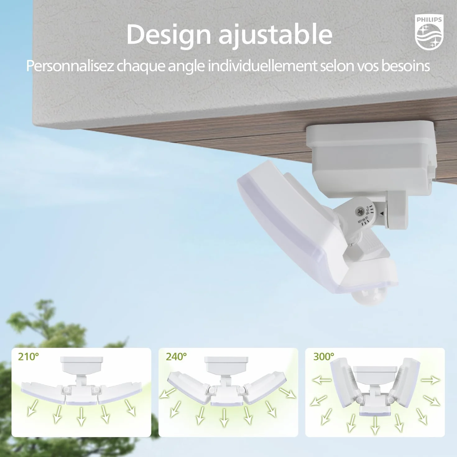 Philips Lampe de Sécurité Solaire LED 3600LM Extérieur Détecteur de Mouvement 3 Têtes Orientables