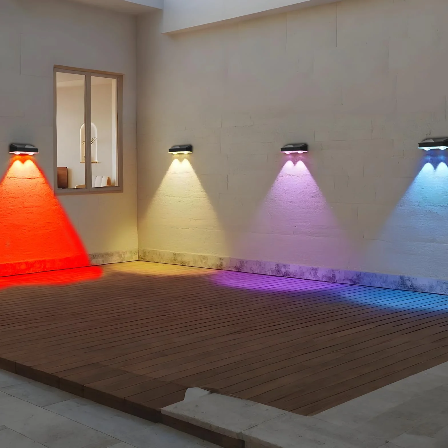 Lampe Solaire Extérieur Jardin Lot de 4, Applique Murale Solaire IP65 Étanche 9 Modes RGB LED