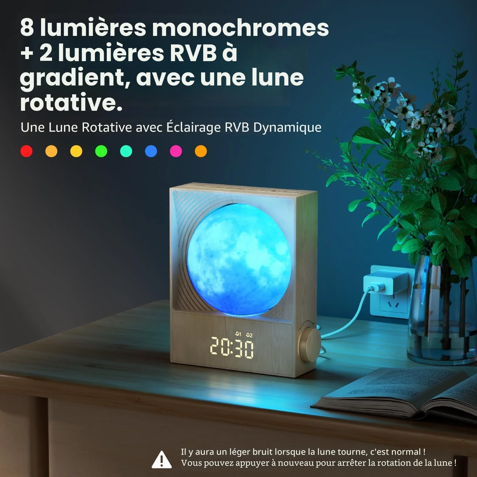 RETEYUNG Réveil Simulateur d'Aube avec Lampe Lunaire Rotative 15 Sonneries Veilleuse 8 Couleurs 3 Luminosités 10 Sons Naturels