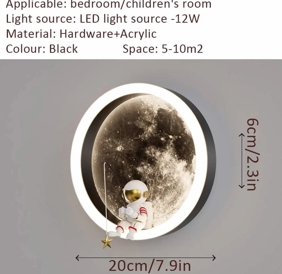 Applique Murale LED Enfants Lune Astronaute Décoration Chambre 3000K 12W Ronde Noir