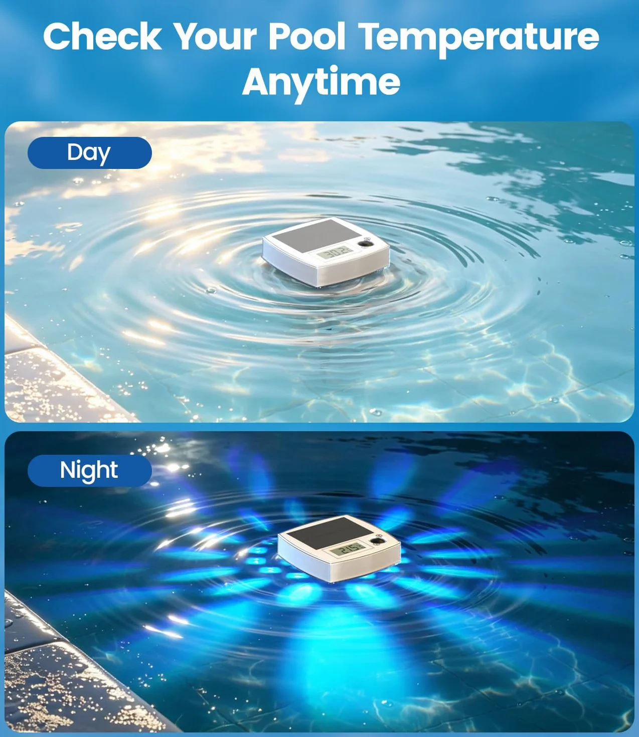 Thermomètre de Piscine Lumineux RGB 2 en 1 Flottant Sans Fil LED 7 Couleurs Écran LCD IP68 Solaire