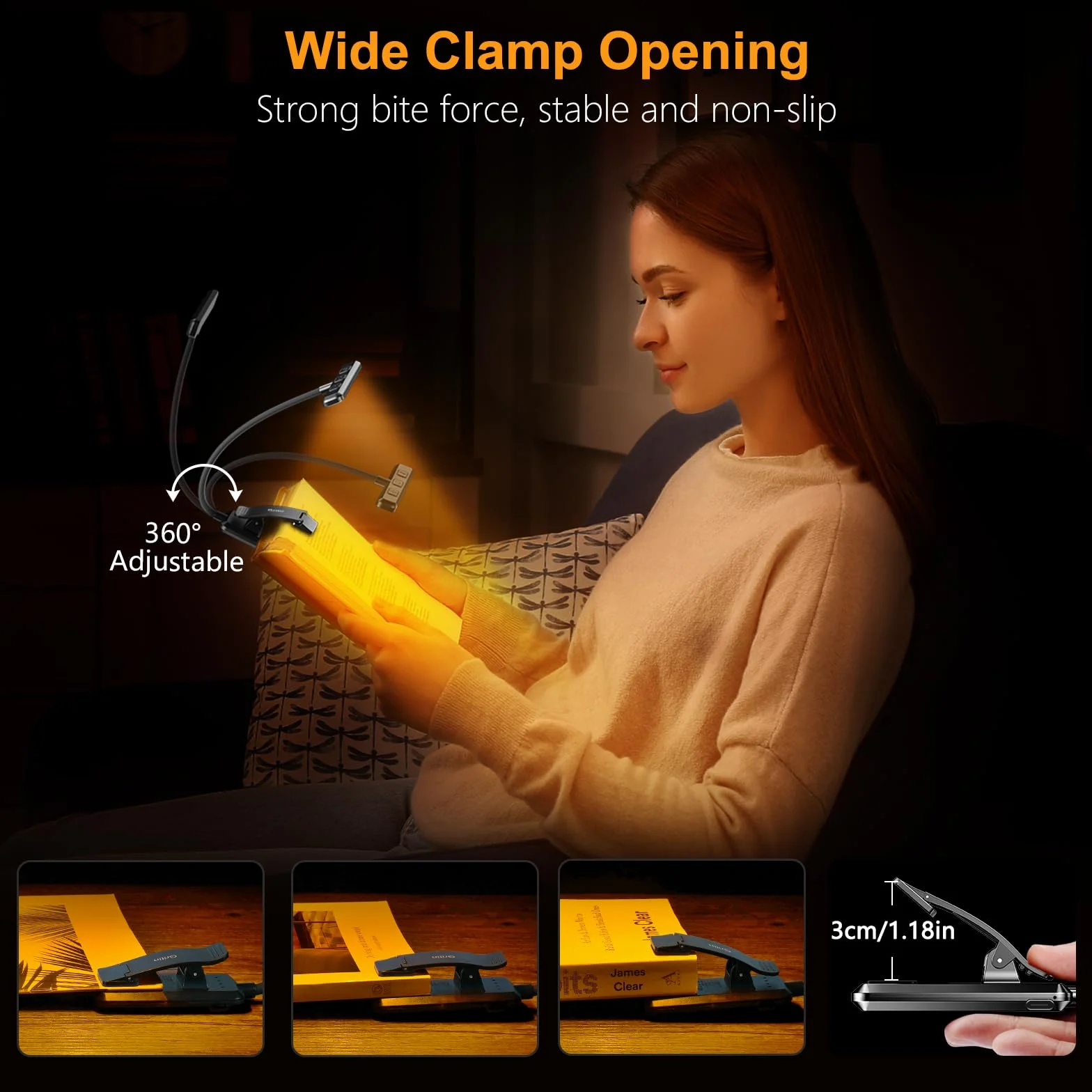Gritin Lampe de Lecture 19 LED, Liseuse Clip Rechargeable, Protection des Yeux, Gradation en Continu & 3 Couleurs, 360° Cou Flexible, Portable pour Lire au Lit