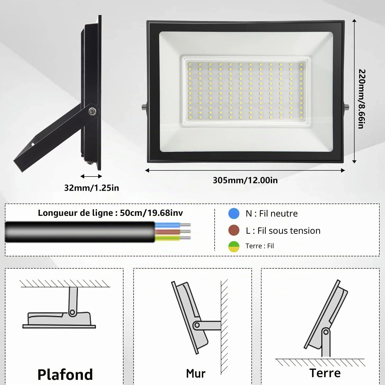 Loyal Projecteur LED 150W 15000LM 3000K Blanc Chaud IP65 Étanche Floodlight Extérieur