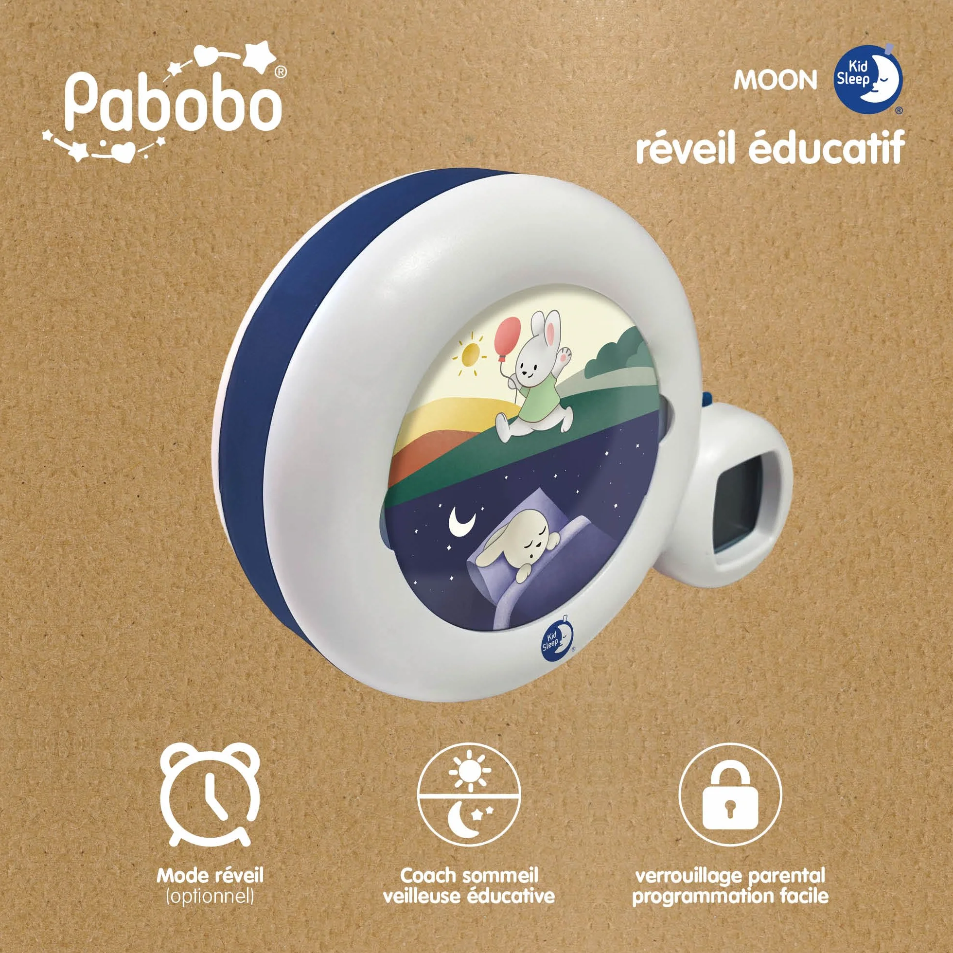 Pabobo x Kid Sleep Réveil Educatif Enfant Jour Nuit Musical Veilleuse Réveil Moon 3 en 1 Blanc
