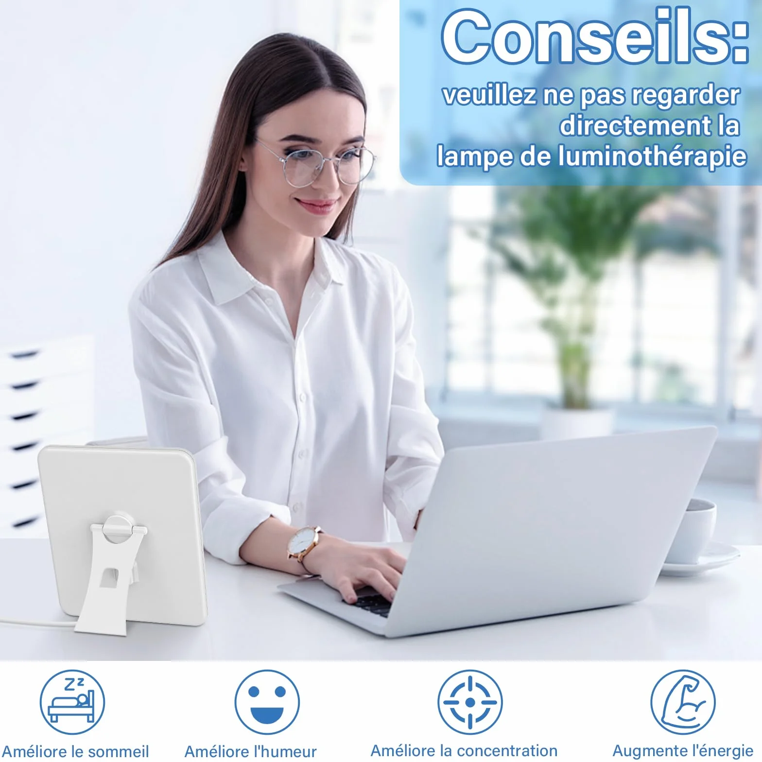 BOOTEEK Lampe de luminothérapie 15000 Lux Sans UV 3 températures de couleur 5 niveaux de luminosité 6 minuterie Fonction de Mémoire Support Pliant 180°