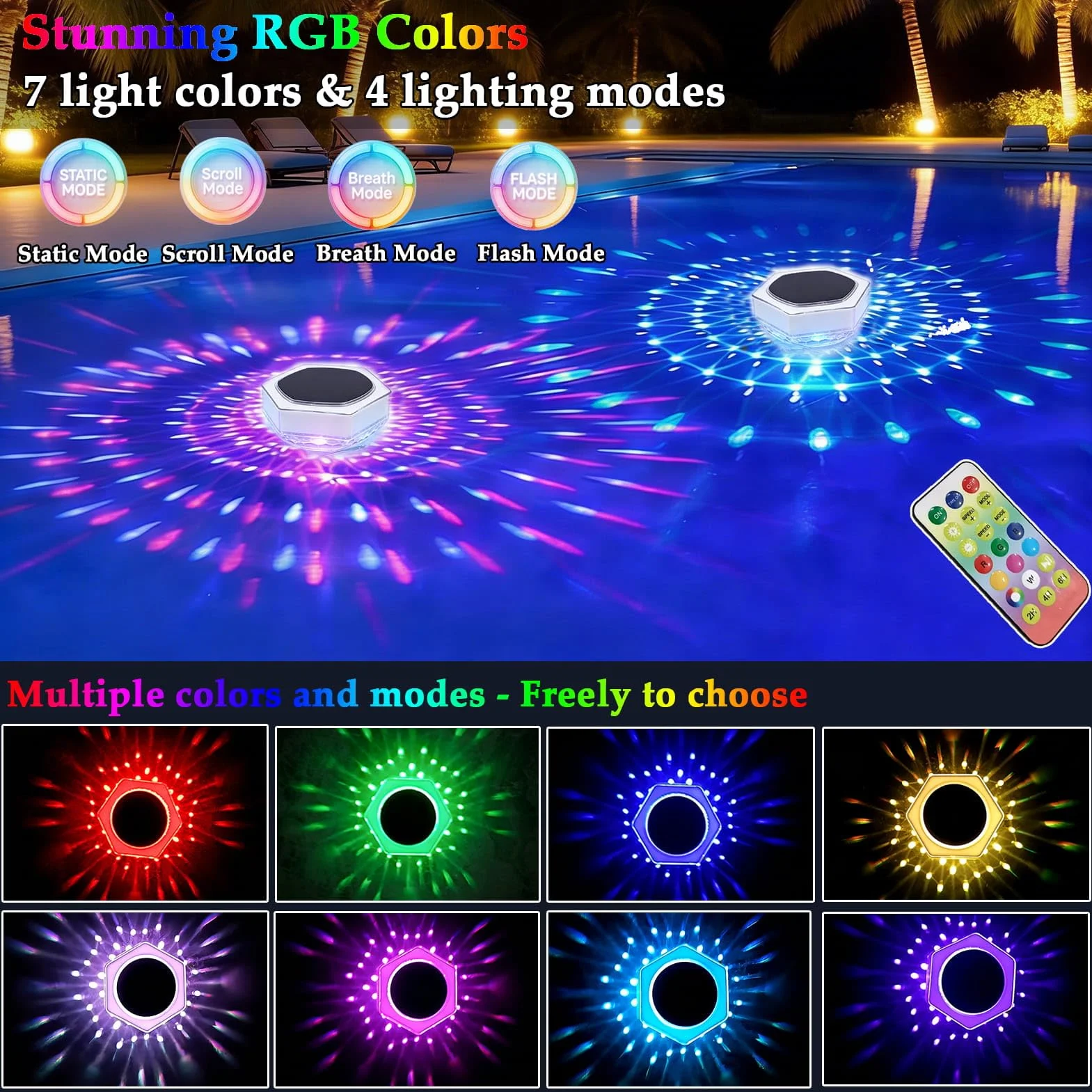 Lumiere Piscine Flottante Solaire IP68 Étanche Lampe Piscine avec Télécommande 3 RGB Modes 7 Couleur LED