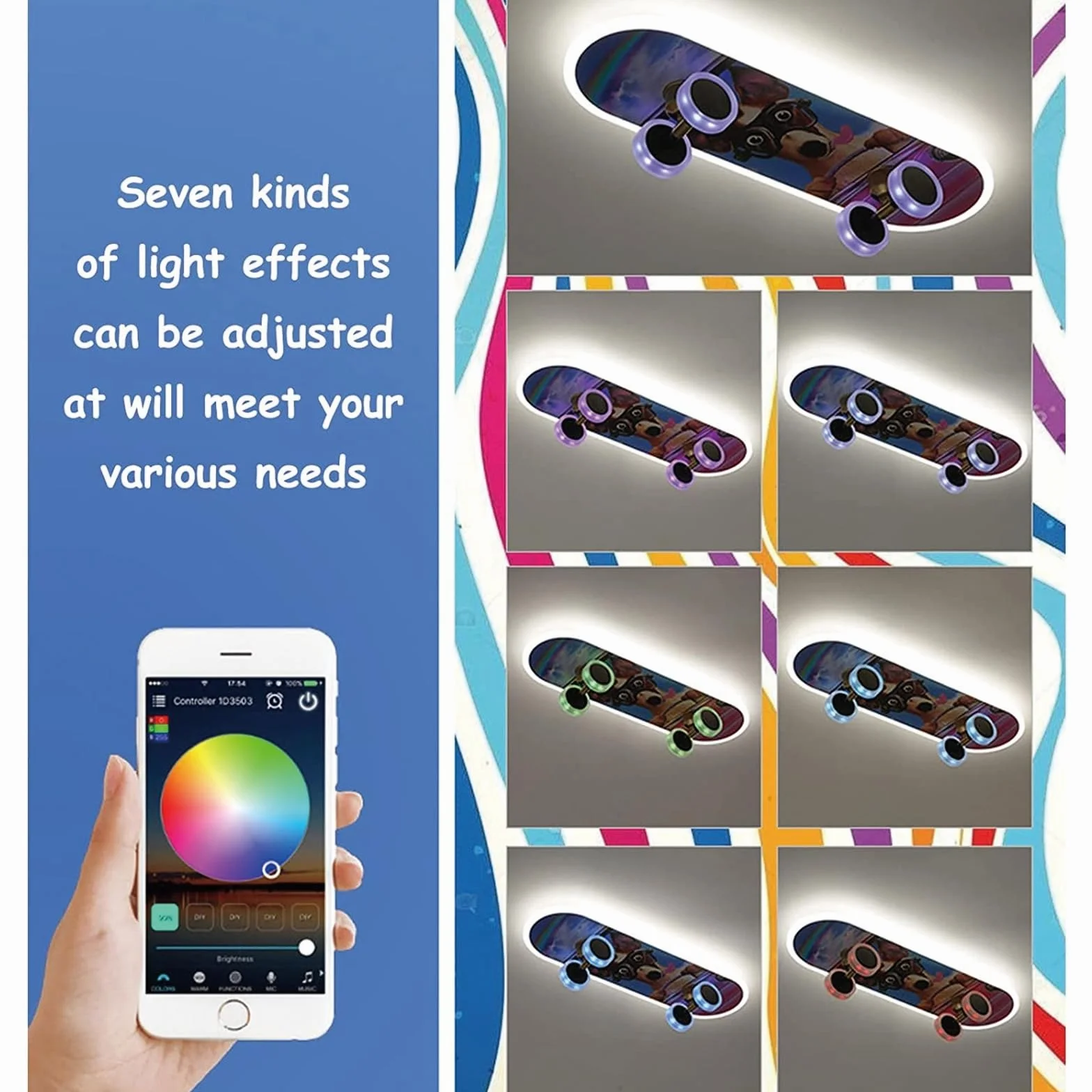 Plafonnier LED Skateboard Enfants Dimmable avec Télécommande Acrylique Abat-Jour Chambre Salon