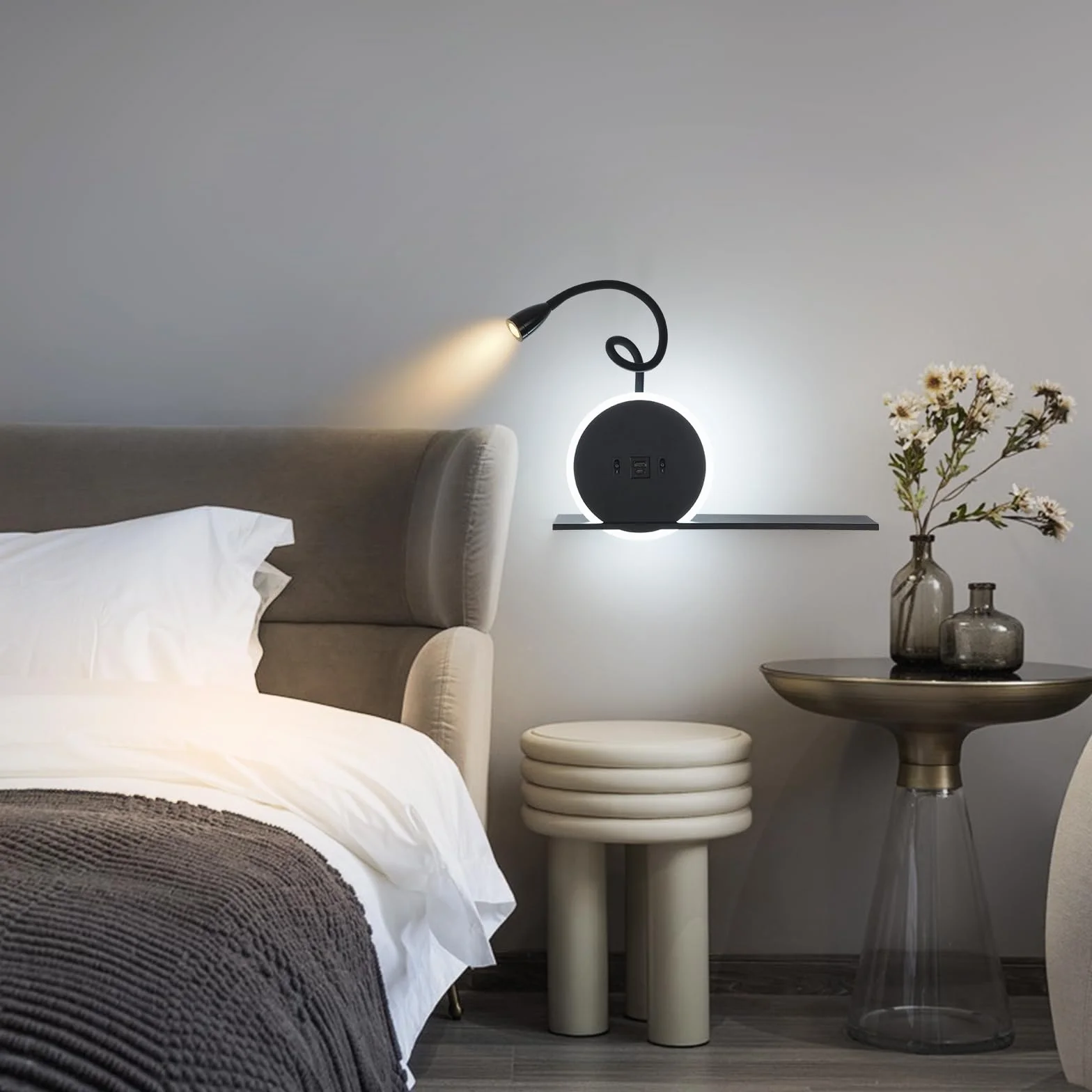 Lampe de chevet LED 2 pièces avec interrupteur, port USB-C, 3W 3000K + 9W 6000K, applique tête de lit noir