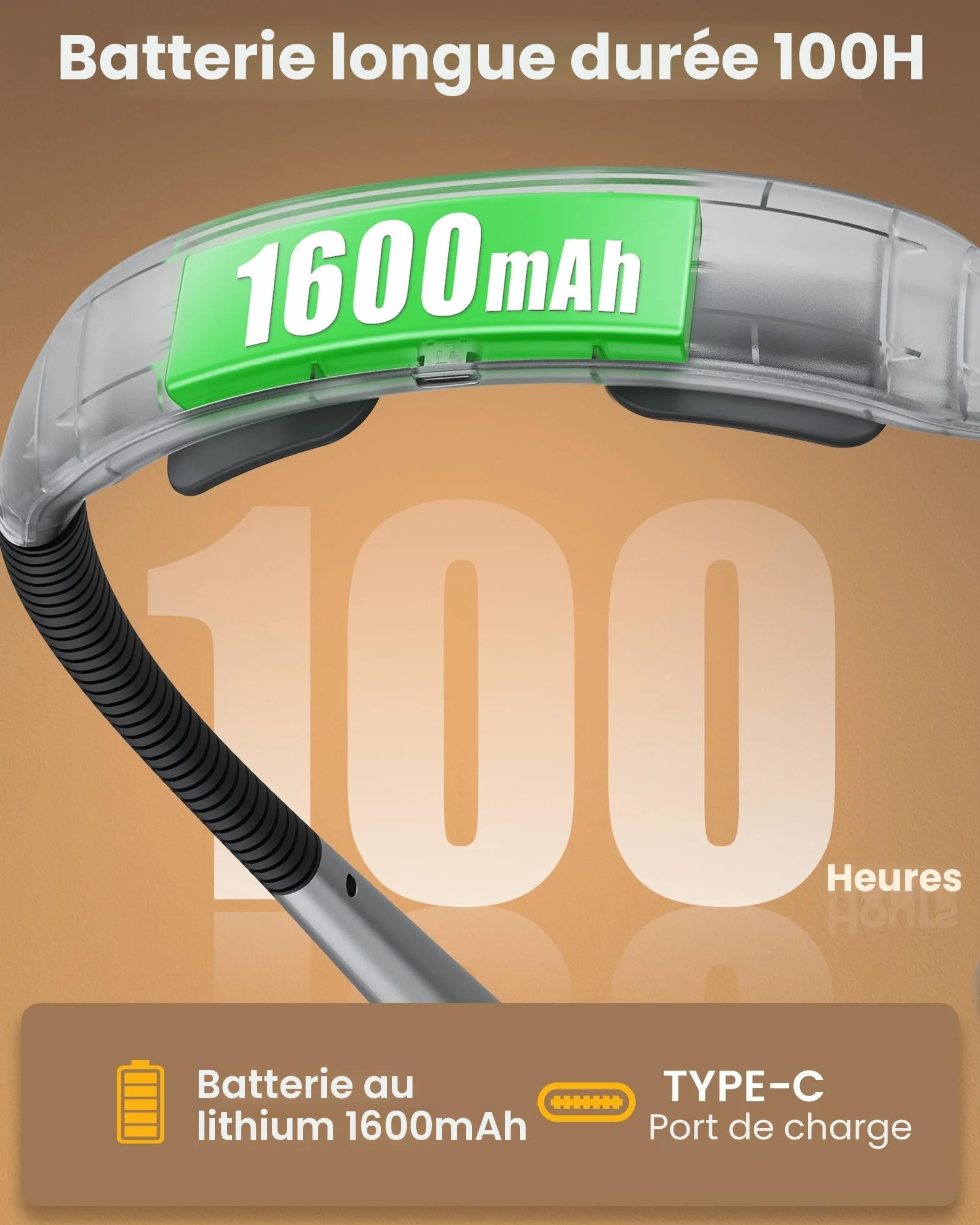 Glocusent Lampe tour de cou, lampe de lecture 3 couleurs 5 niveaux luminosité, rechargeable 100 heures