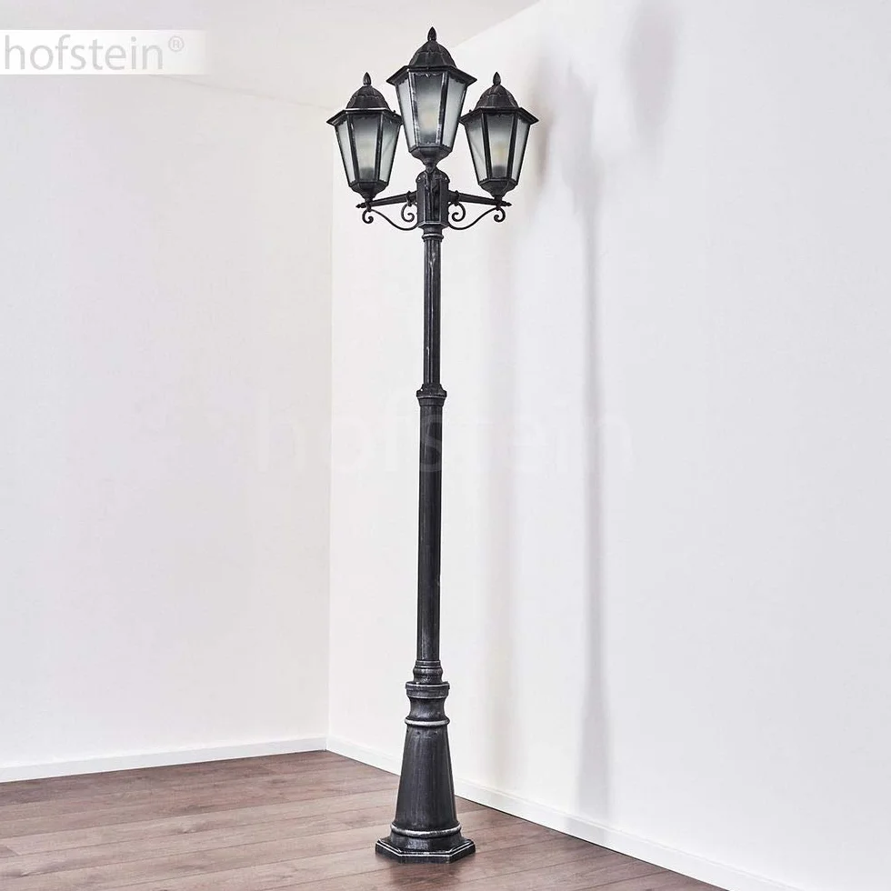 Réverbère Lignac lampadaire vintage aluminium moulé noir argenté verre dépoli 245 cm 3 lanternes E27 IP44