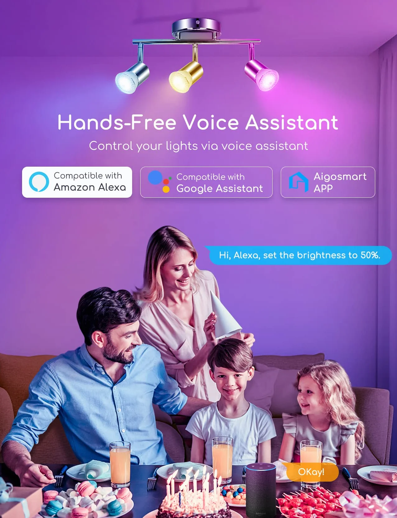 Aigostar Ampoule Connectée WiFi LED GU10 7W 555LM RGB 2700K-6500K Compatible Alexa Google Home 6 Unités
