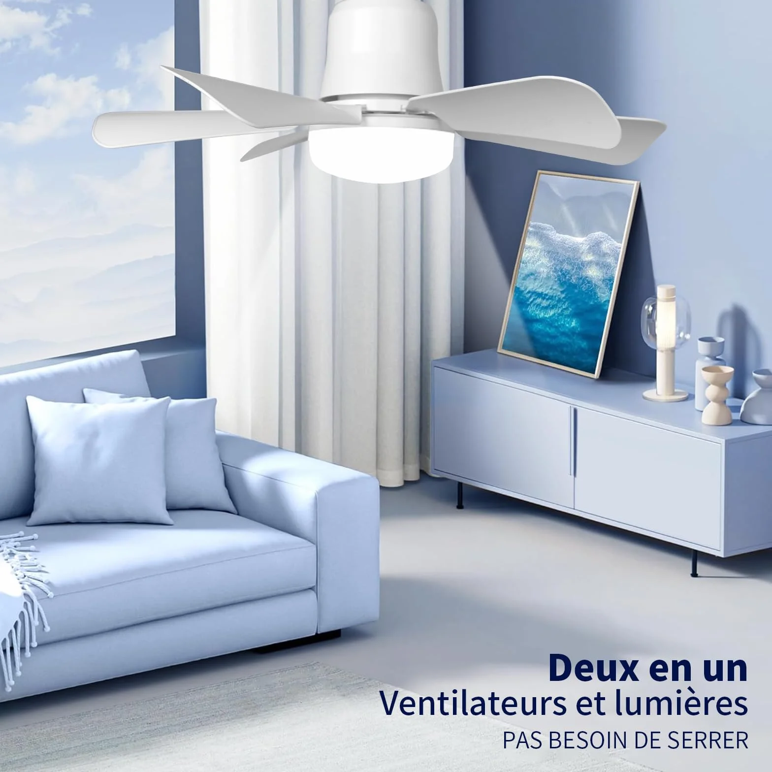 Himmel Ventilateur Plafond avec Lumière 30W Dimmable LED 3 Vitesses 6 Pales Blanc