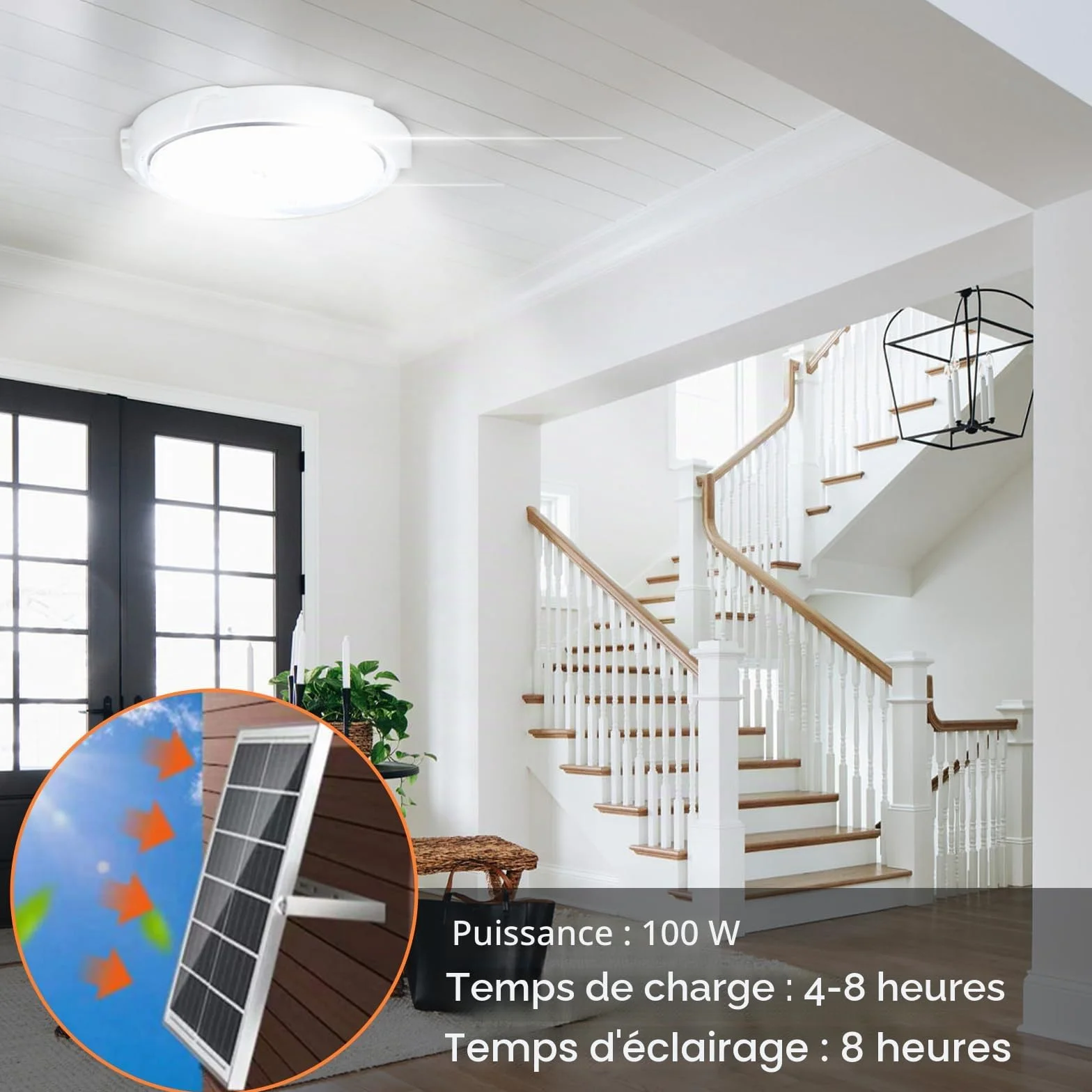 Solaire Lampe de Plafond Extérieur 100W avec Télécommande Câble 5m