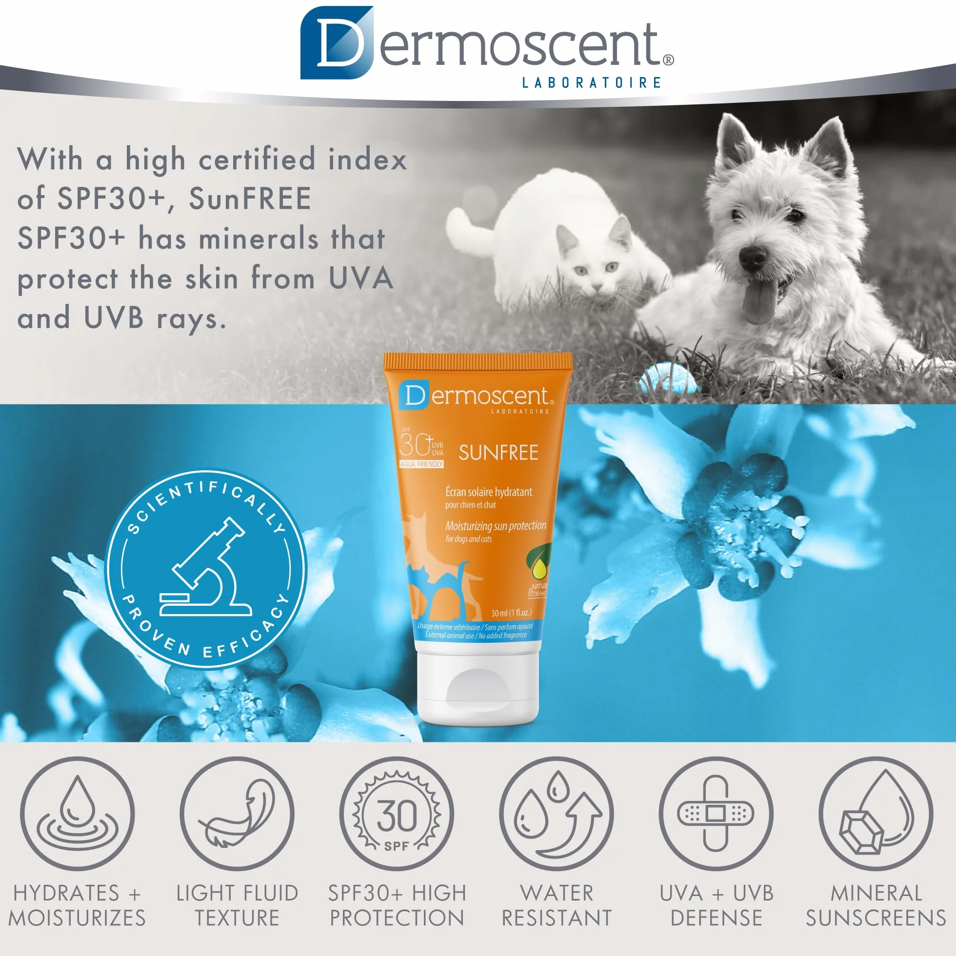 Dermoscent SunFREE SPF30+ Écran Solaire Hydratant Protection Minérale Non Grasse Résistant à l'Eau 30 ml