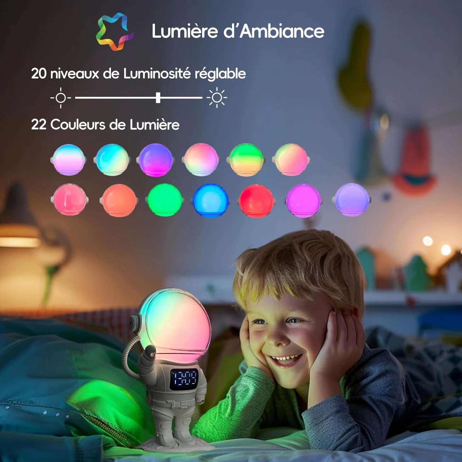 Réveil simulateur d'aube Bluetooth 7 Sonneries 21 Sons de Sommeil 22 Couleurs lumière Astronaute Enfant