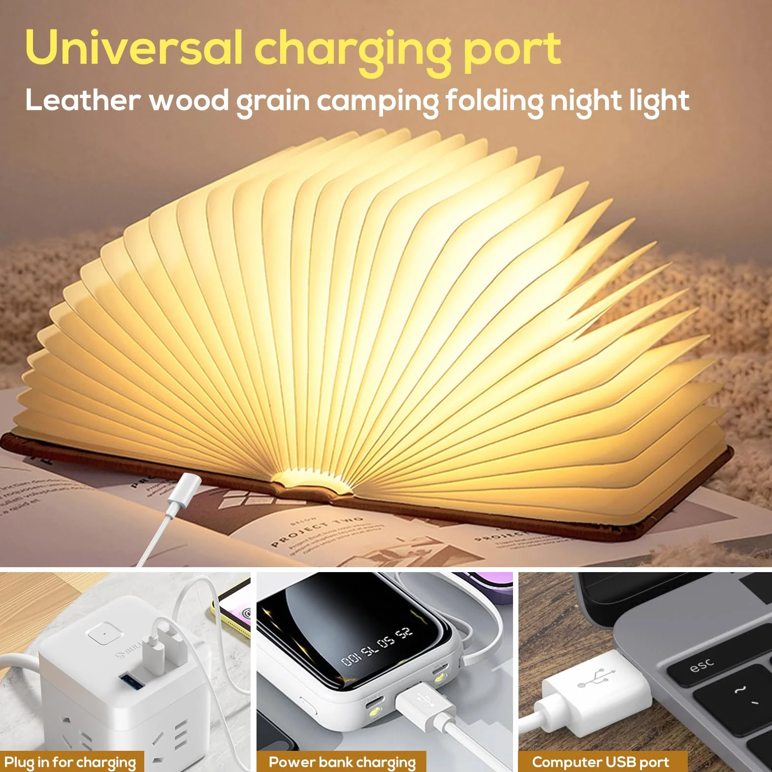 SUNOYA Lampe Livre LED Pliante en Bois, 3 Couleurs Rechargeable, Mini Lampe de Lecture Magnétique