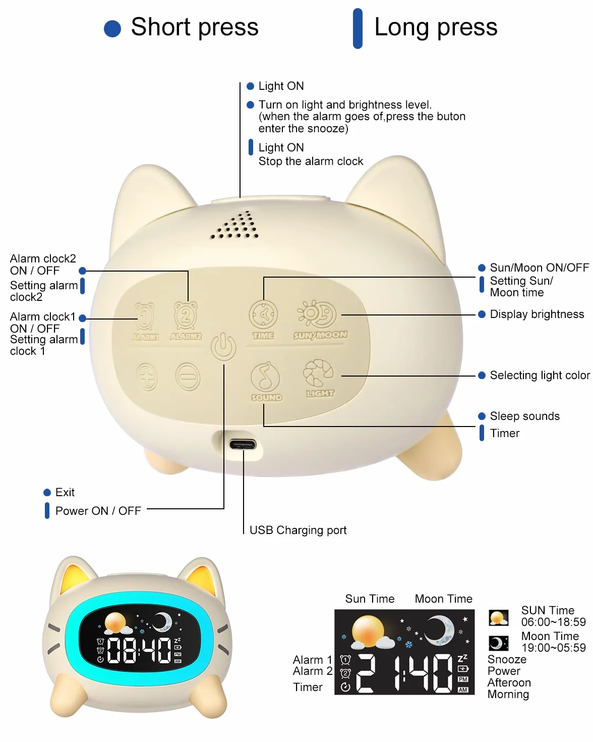 Réveils Lumineux pour Enfants avec 5 Veilleuses, 4 Niveaux de Lumière Réglables et 7 Musiques de Sommeil, Réveil Rechargeable avec Snooze