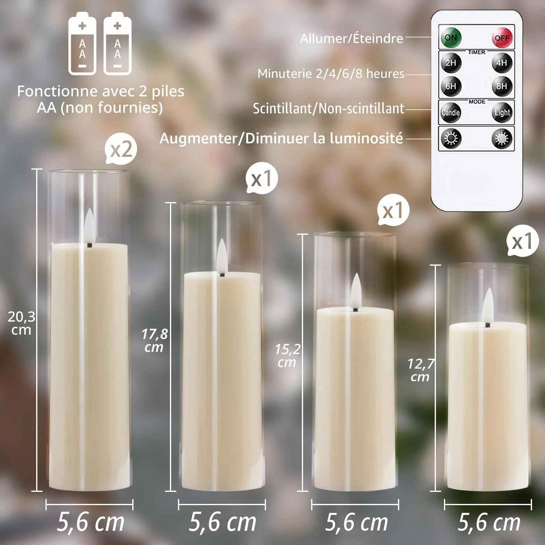 Yeelida Bougies LED sans flamme vacillantes avec télécommande minuterie piles 5,5cm x 12,5 15 17,5 20cm Plastique Ivoire