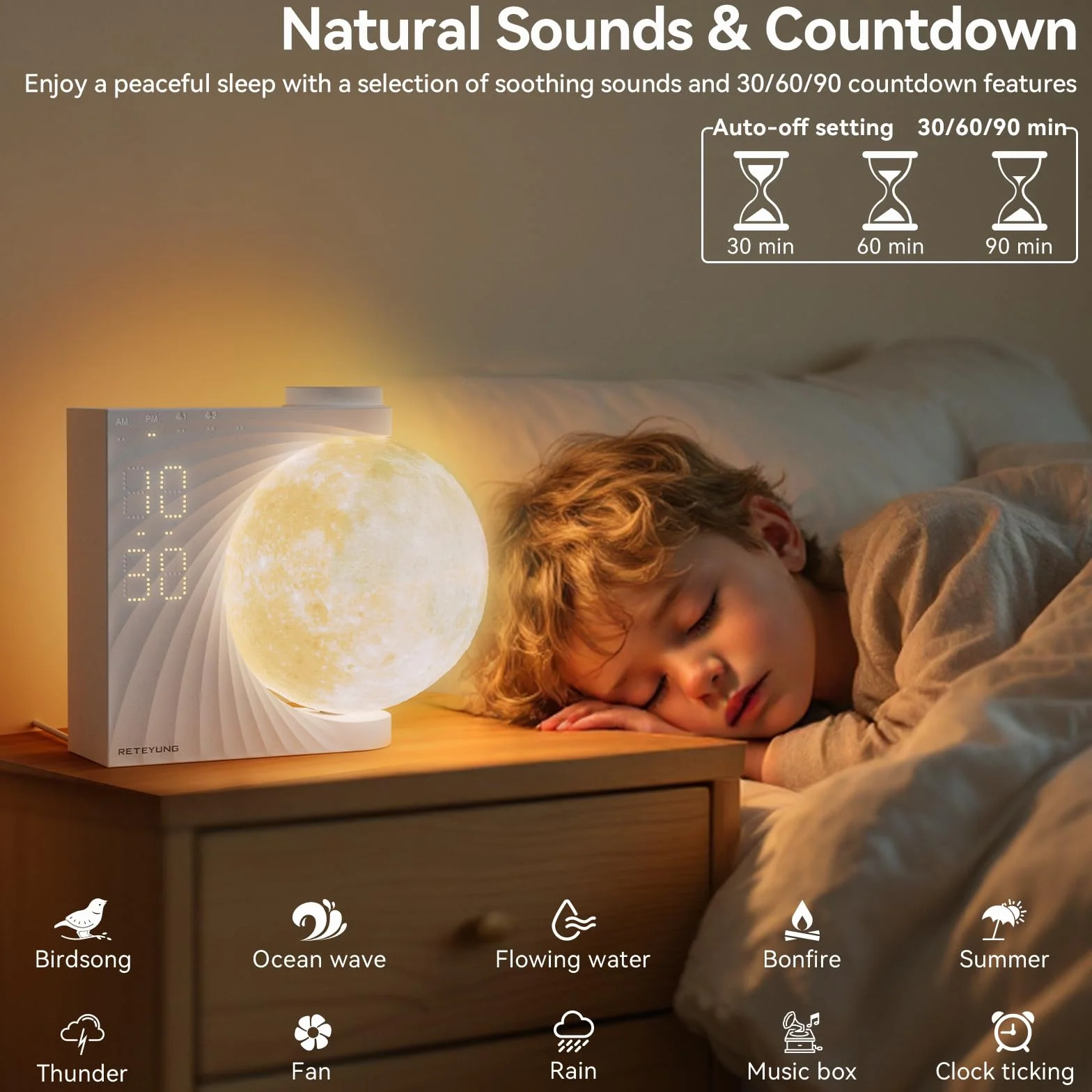 Lampe de Lune avec Réveil Lumineux, 2 Réveils, RGB 8 Couleurs, 10 Sons Naturels, Veilleuse 3 Niveaux