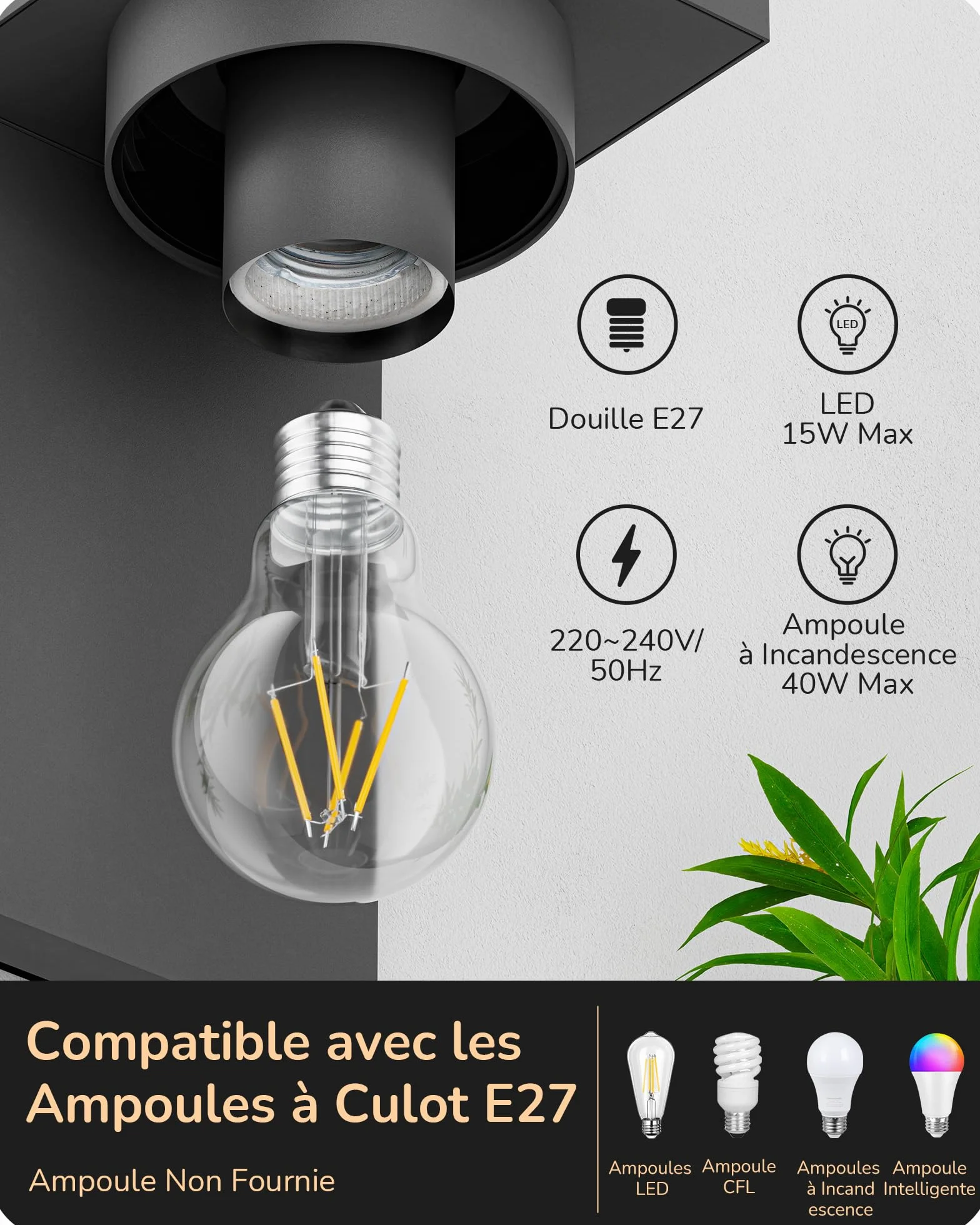 EDISHINE Applique Murale Extérieure IP44 Étanche E27 15W 19x12x15 cm Anthracite